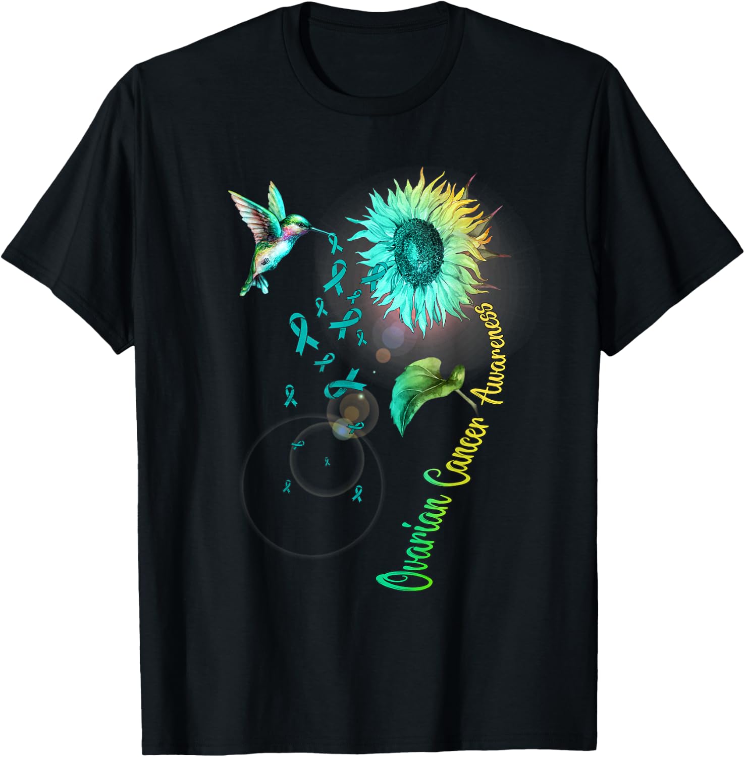 Ovarian Cancer Sunflower Hummingbird T-Shirt - T-Shirt | Black