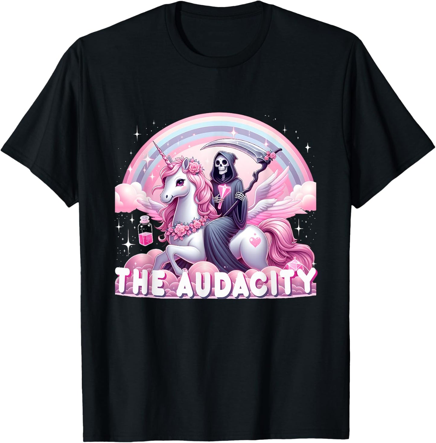 Cute Grim Reaper Sarcastic Skeleton Snarky Skeleton Unicorn T-Shirt - T-Shirt | Black