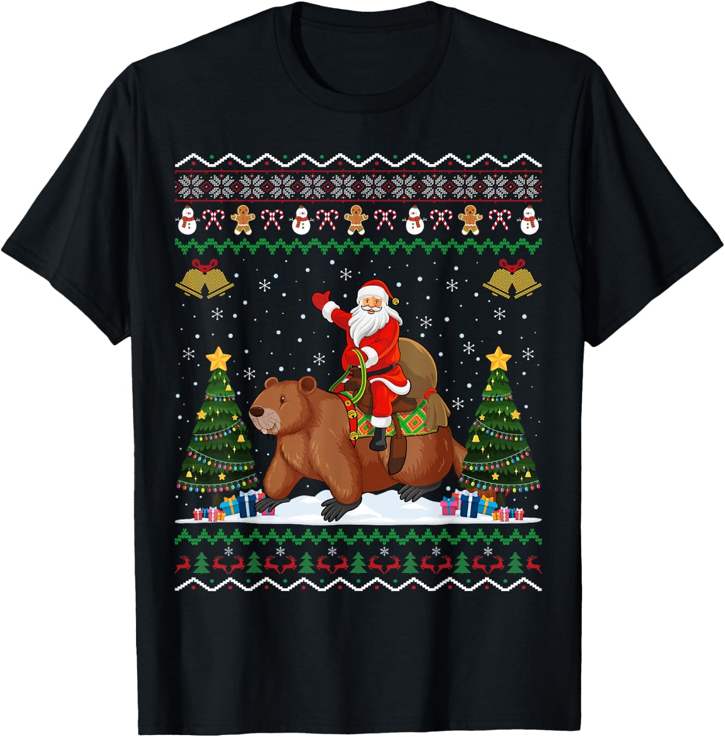 Beaver Ugly Xmas Gift Funny Santa Riding Beaver Christmas T-Shirt - T-Shirt | Black
