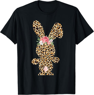 Leopard Print Bunny Flowers Girls Women Happy Easter T-Shirt - T-Shirt | Black