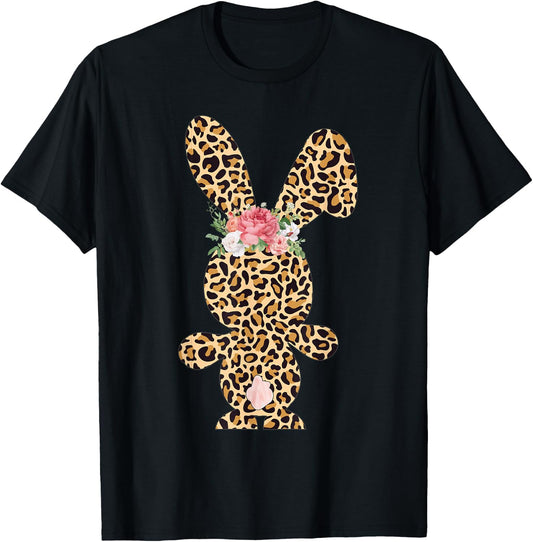 Leopard Print Bunny Flowers Girls Women Happy Easter T-Shirt - T-Shirt | Black