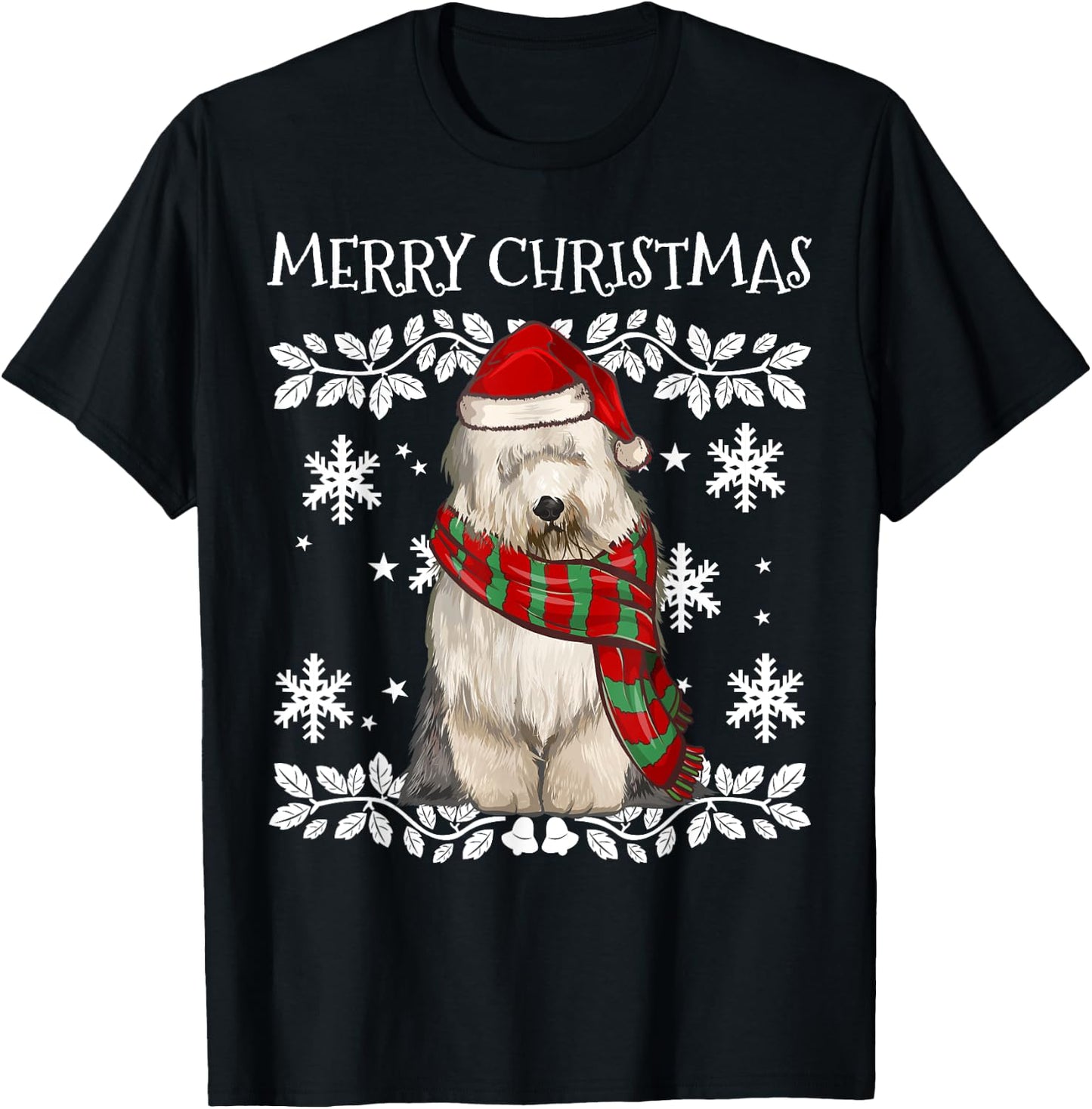 Merry Christmas Ornament Old English Sheepdog Xmas Santa T-Shirt - T-Shirt | Black