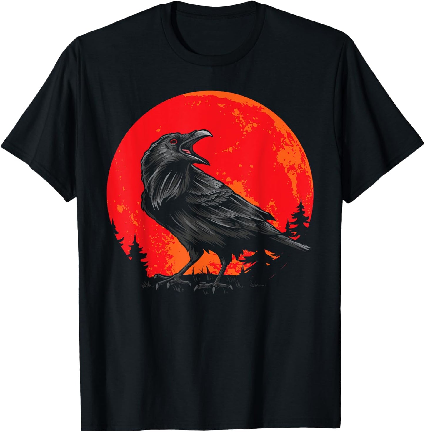 Red Moon Black Crow Gothic Animal Bird Spooky Forest Raven T-Shirt - T-Shirt | Black