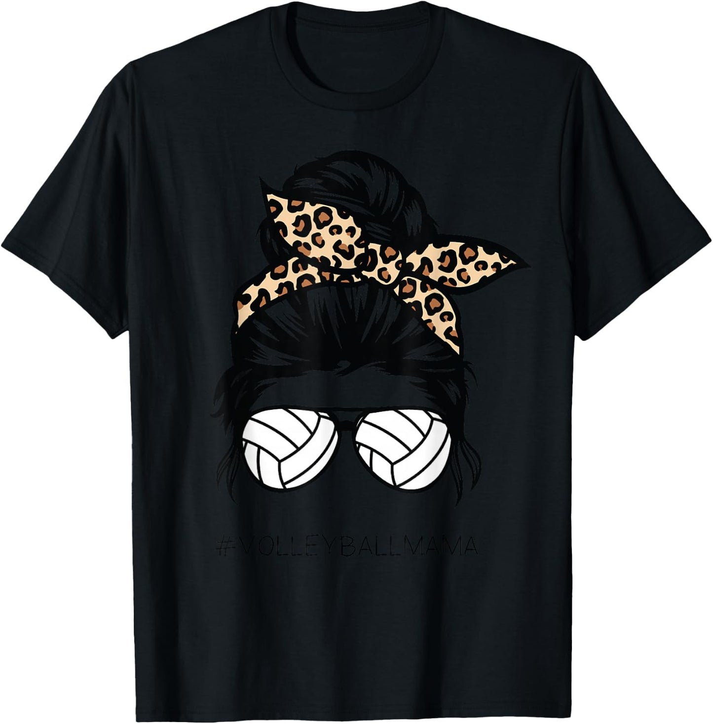 Volleyball Mom Leopard Ball messy hair bun Mother's Day T-Shirt - T-Shirt | Black