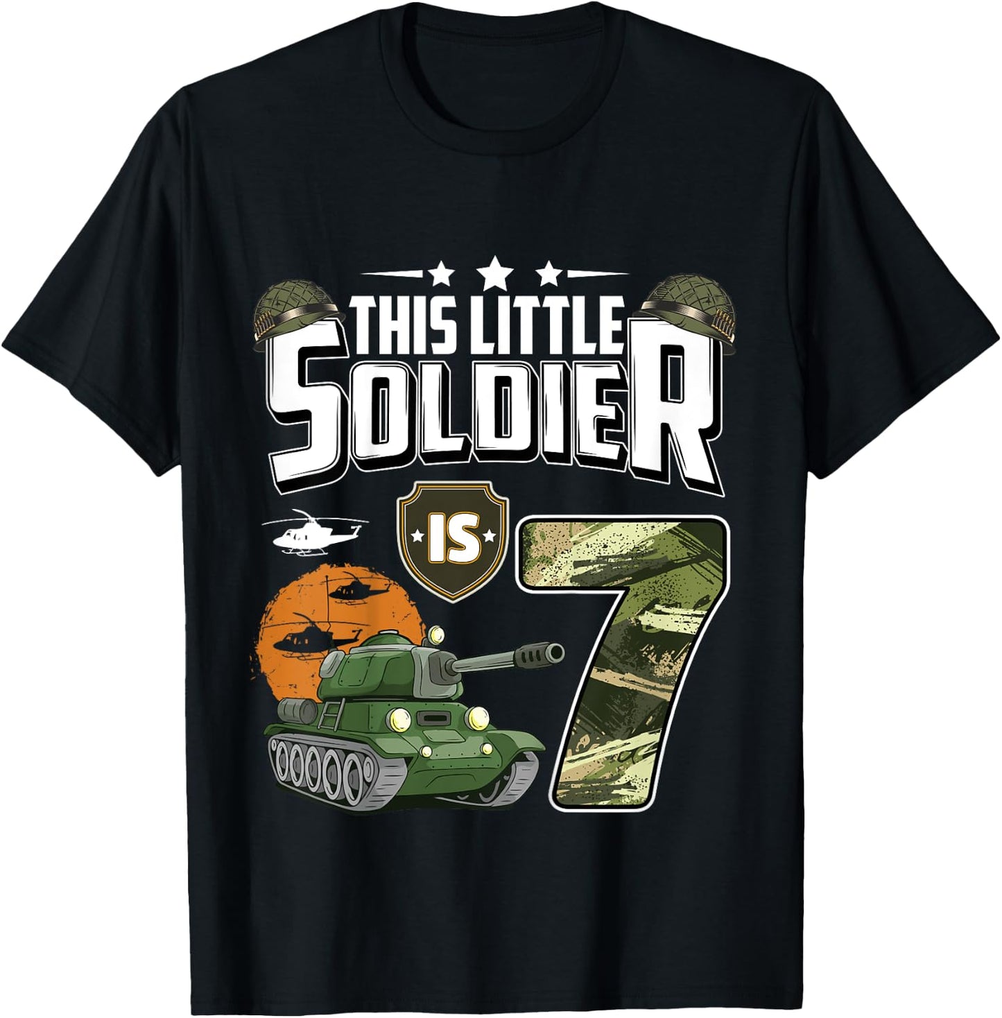Kids 7 Year Old Soldier 7th Birthday Military Themed Camo boys T-Shirt - T-Shirt | Black