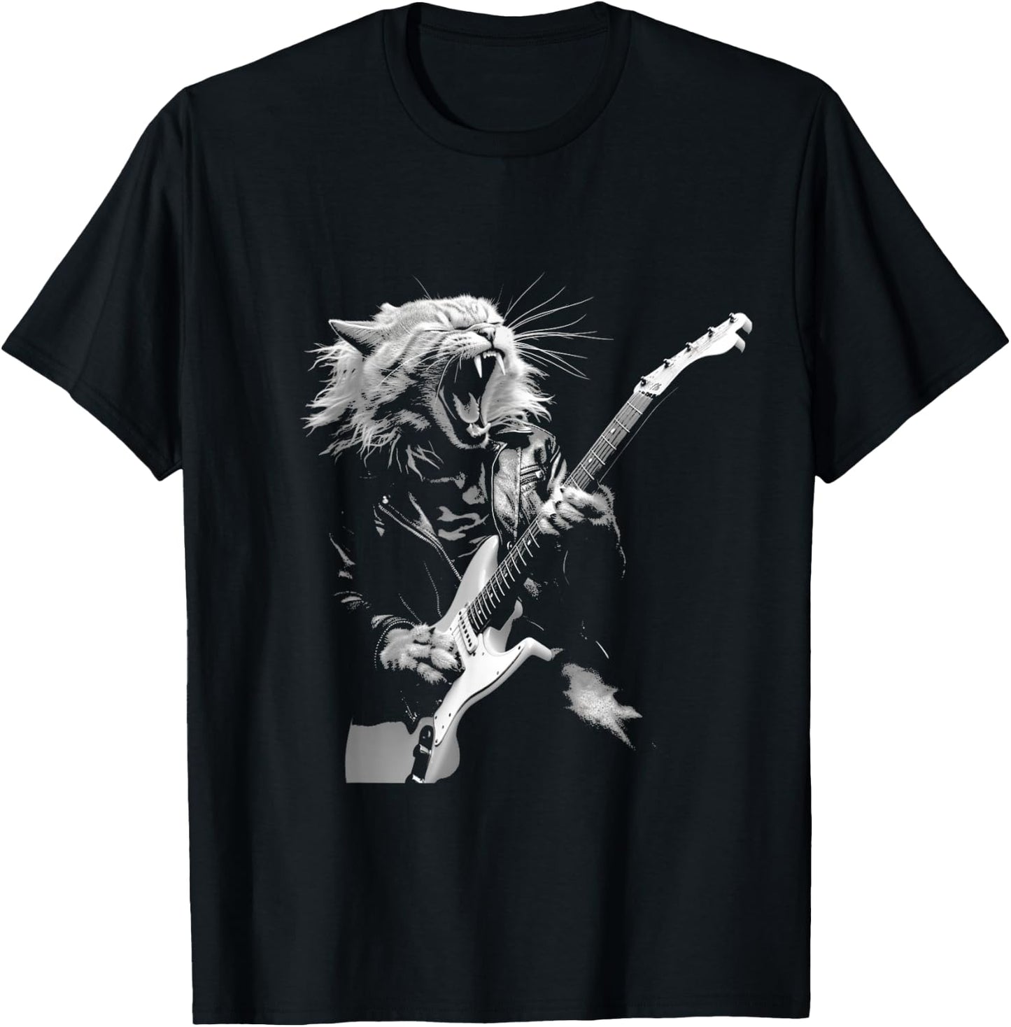 Rock Cat Playing Guitar Funny Guitar Cat Design T-Shirt - T-Shirt | Black
