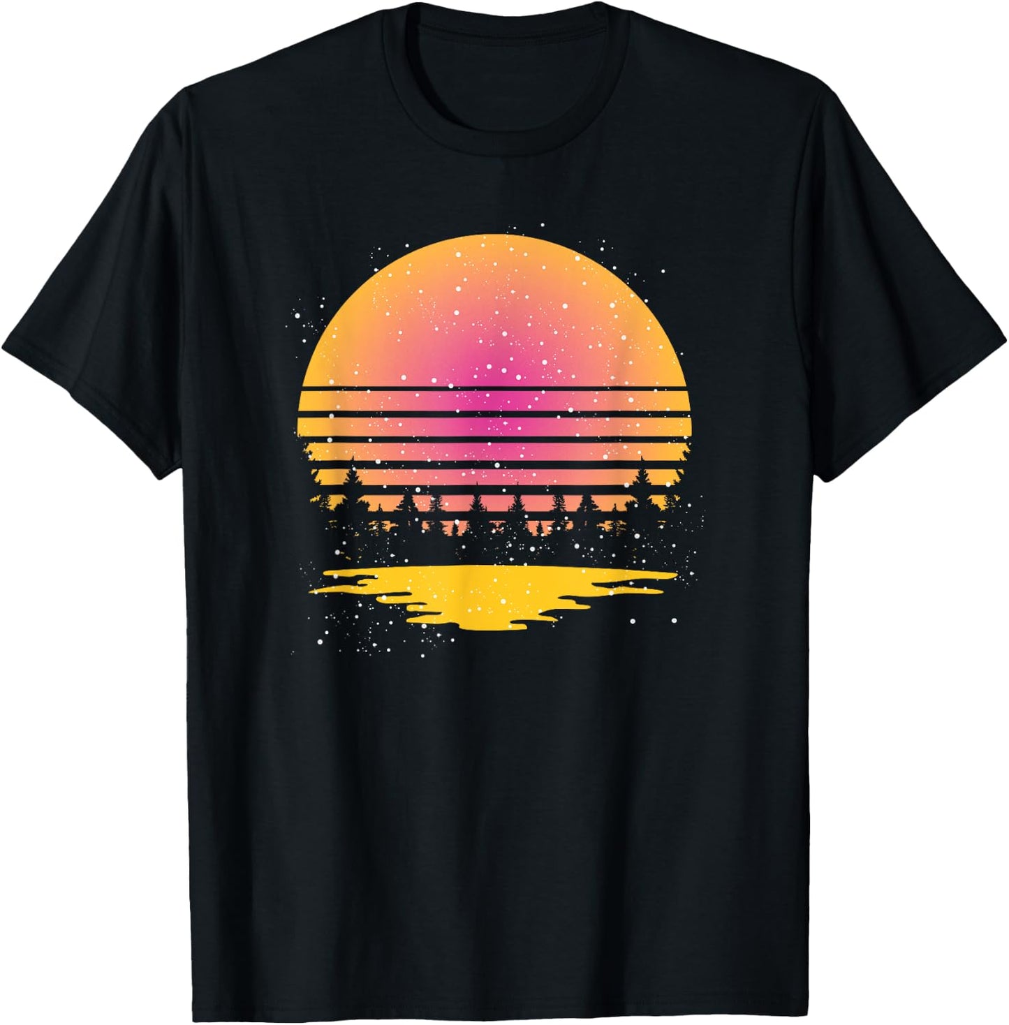 Retro Nature Wildlife Trees Reflection Full Moon Forest T-Shirt - T-Shirt | Black