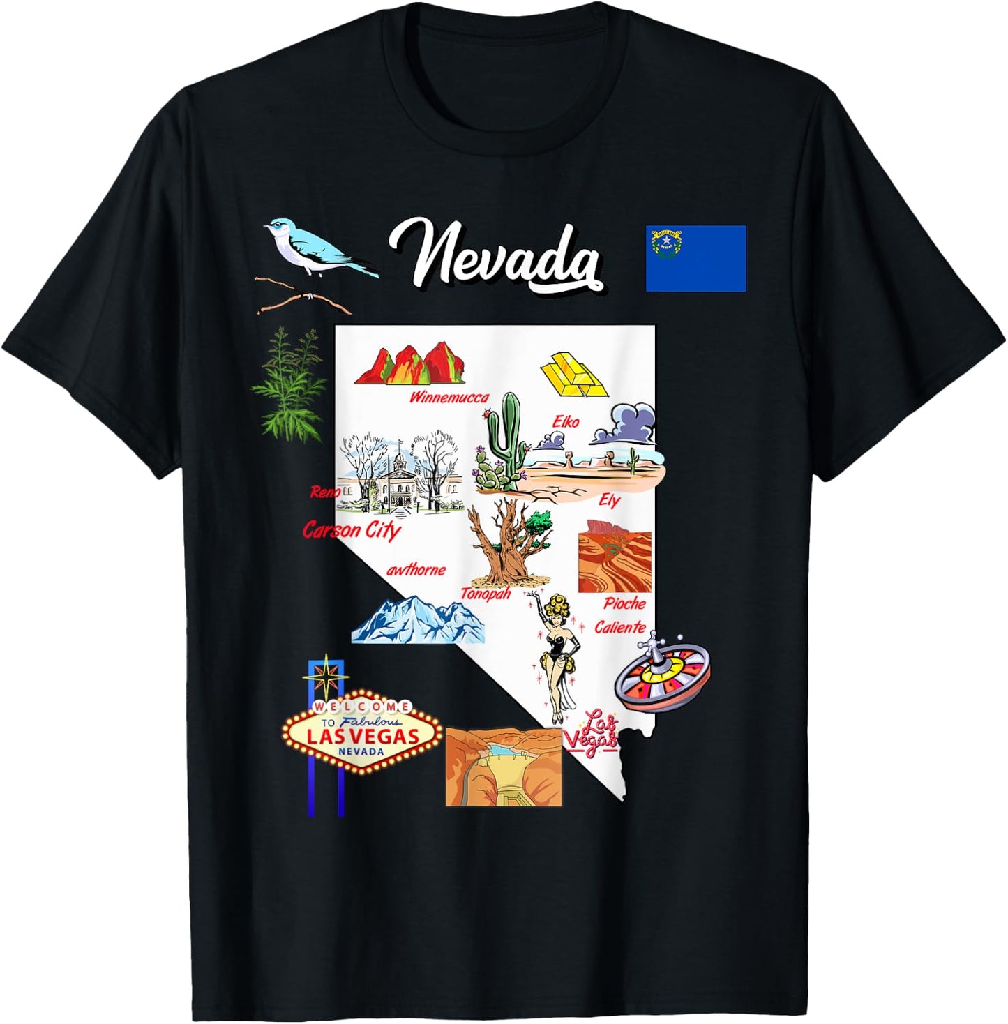 illustrated Map of Nevada in US with the Cities and symbols T-Shirt - T-Shirt | Black