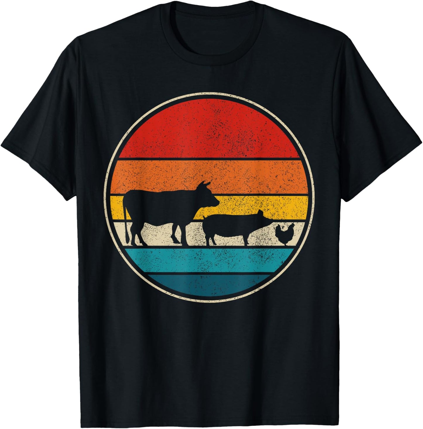 Farm Animals Cow Pig Chicken Vintage Retro Farm Gift T-Shirt - T-Shirt | Black