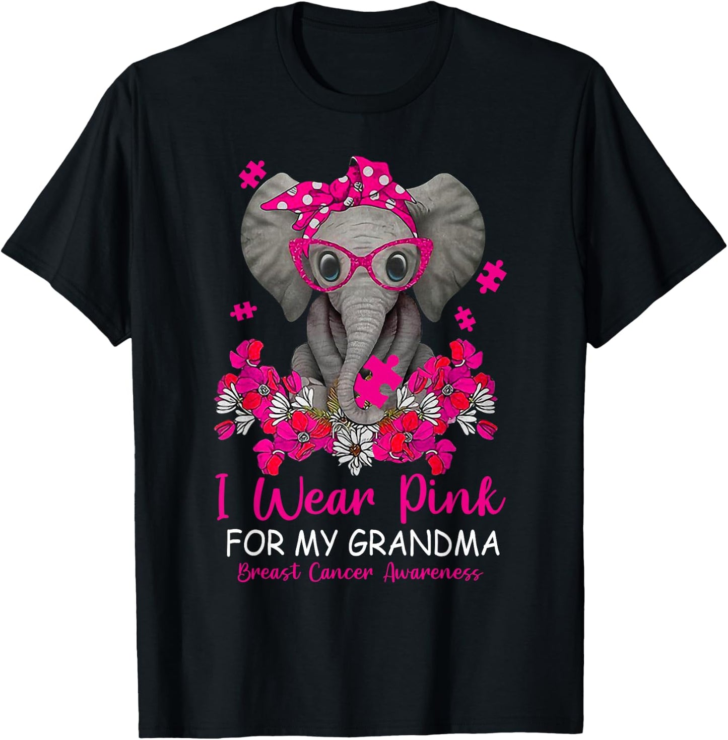 I Wear Pink For My Grandma Elephant Breast Cancer Awareness T-Shirt - T-Shirt | Black