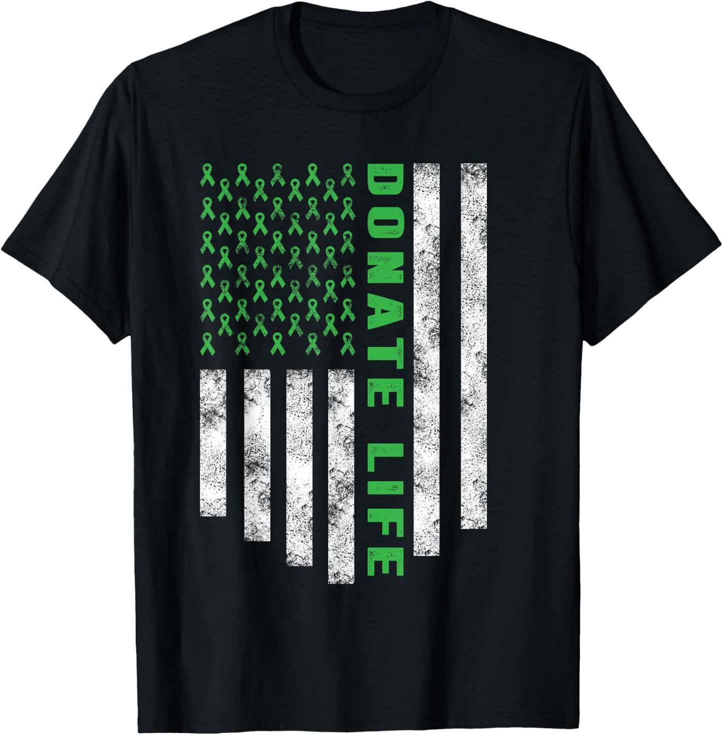Organ Transplant Awareness USA Flag Donate Life Green Ribbon T-Shirt - T-Shirt | Black