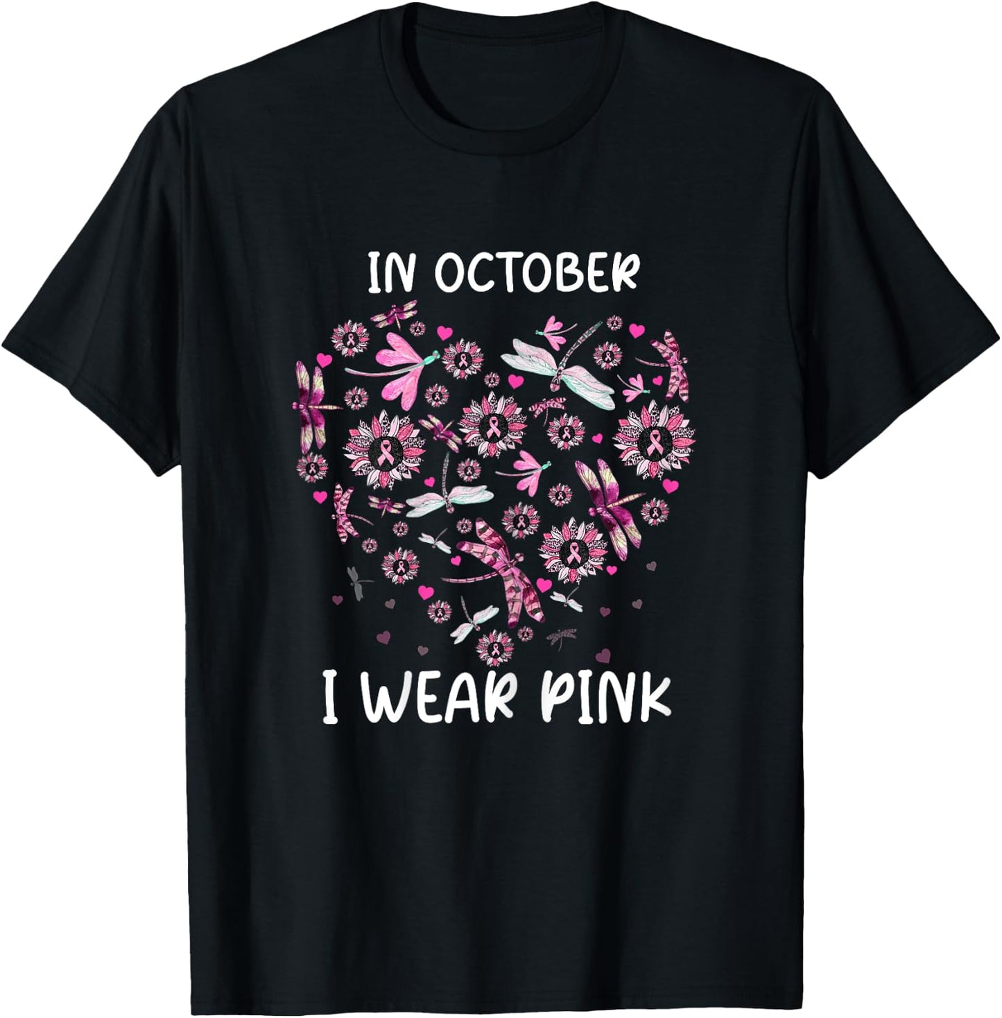 Sunflower Dragonfly Pink Breast Cancer Awareness Women T-Shirt - T-Shirt | Black