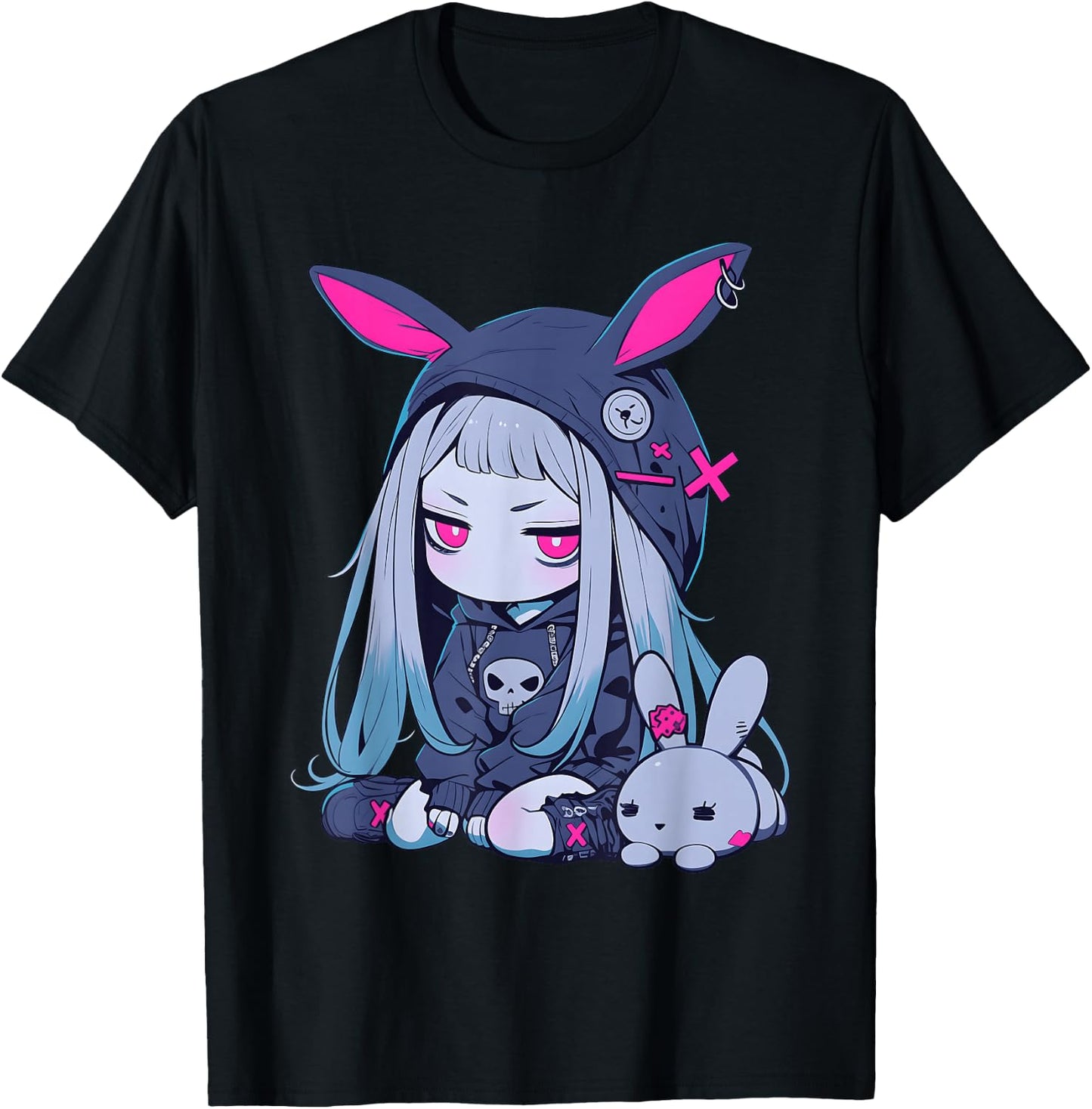 Cute E-Girl Anime Girl Goth Bunny Grunge Gothic Outfit T-Shirt - T-Shirt | Black