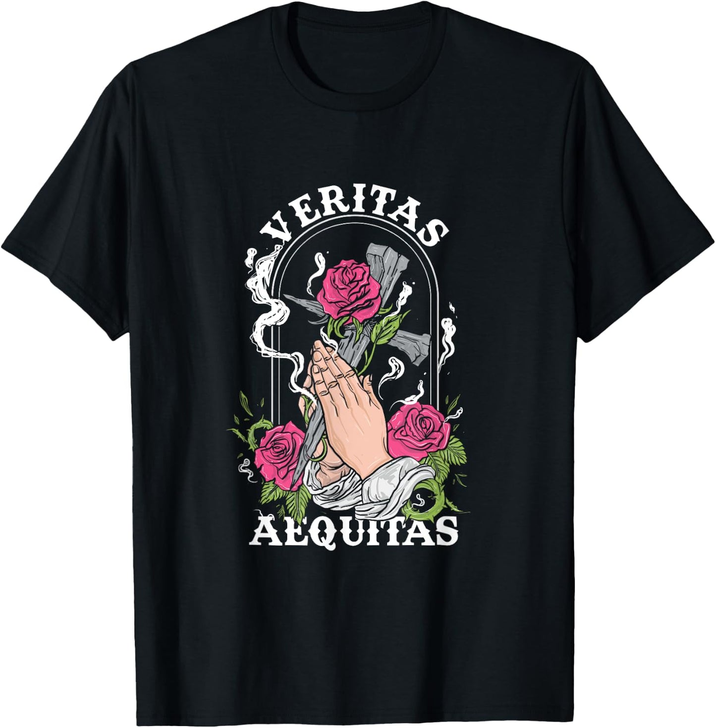 Veritas Aequitas Cross Roses Praying Hands Pray God Gift T-Shirt - T-Shirt | Black