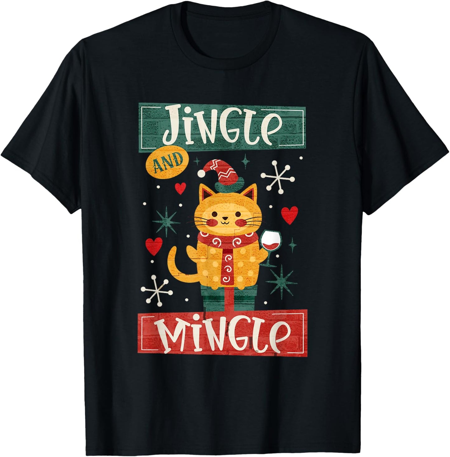 Jingle & Mingle Christmas Holiday Cat Party Wine Adult T-Shirt - T-Shirt | Black