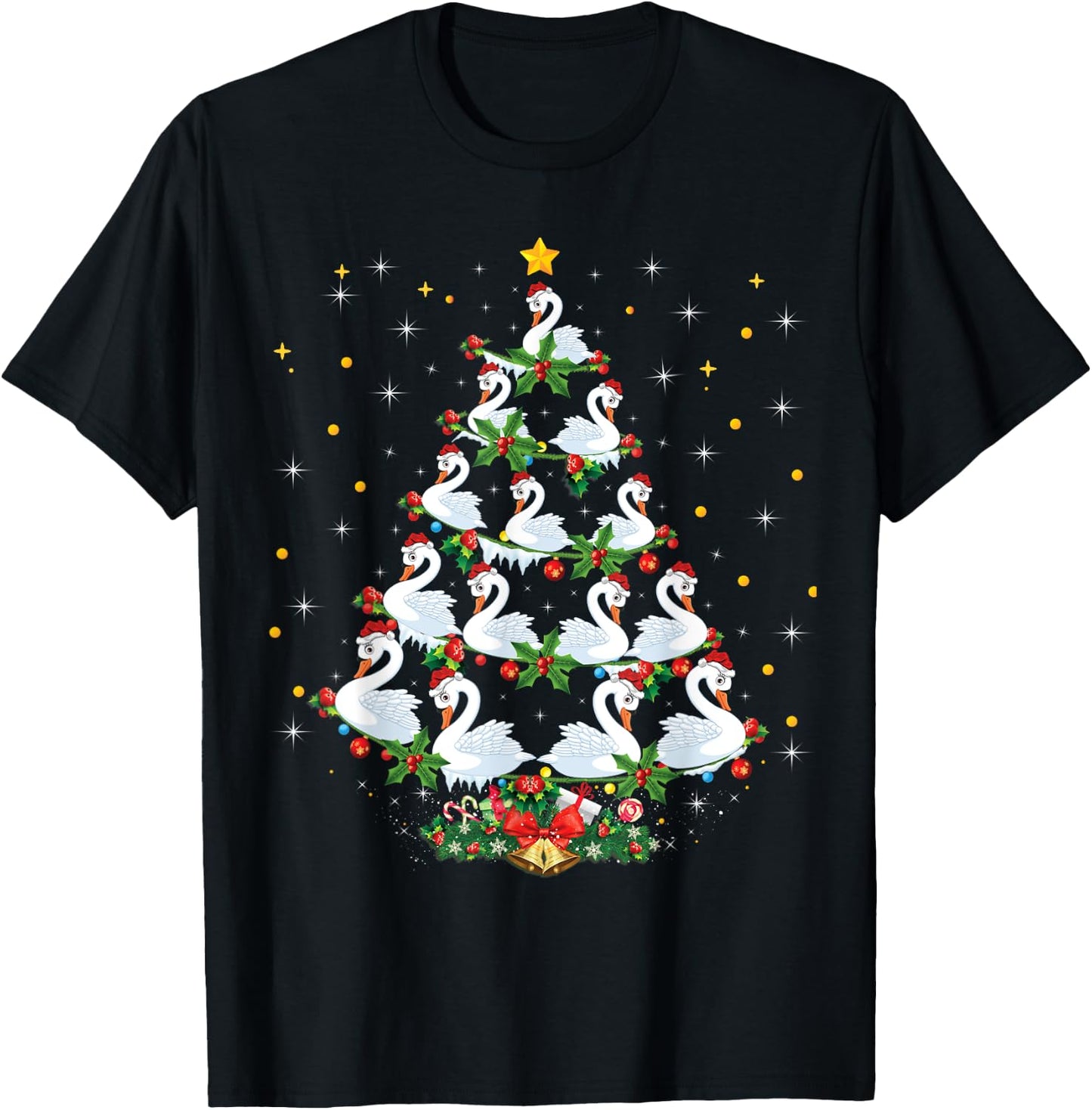 Funny Swans Bird Lover Xmas Gift Swans Christmas Tree T-Shirt - T-Shirt | Black