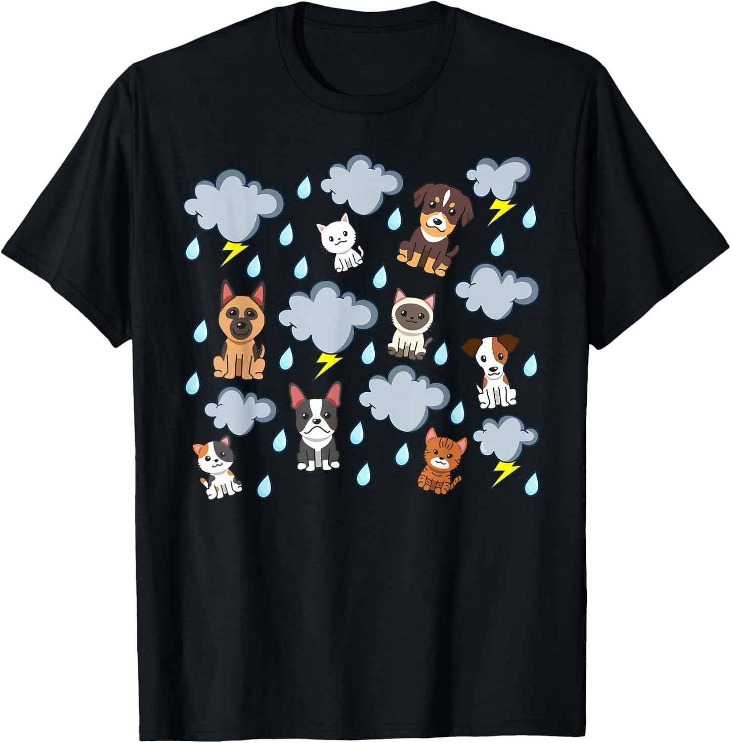Raining Cats and Dogs Rain English Idiom Pets Puppies Kitten T-Shirt - T-Shirt | Black
