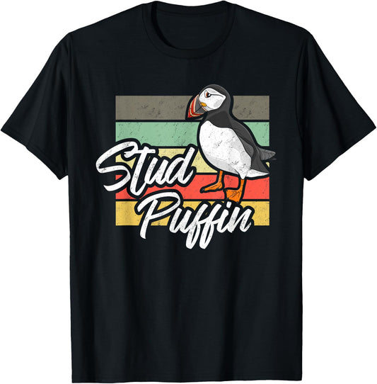 Stud Puffin - Funny Bird Seabird Vintage Retro T-Shirt - T-Shirt | Black