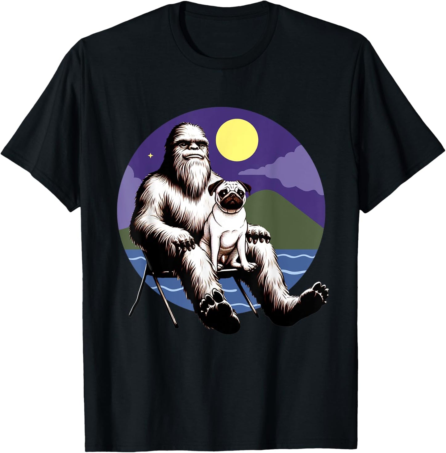 Bigfoot And Pug Dog Sasquatch Dog Owners Lovers Design T-Shirt - T-Shirt | Black