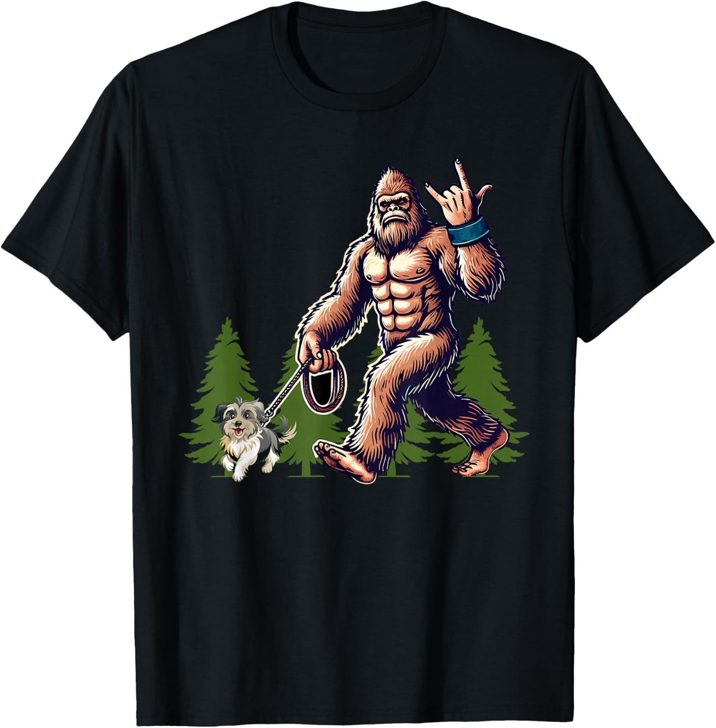 Funny Shih Tzu Bigfoot Dog Walking Dog Mom Dad Kids T-Shirt - T-Shirt | Black