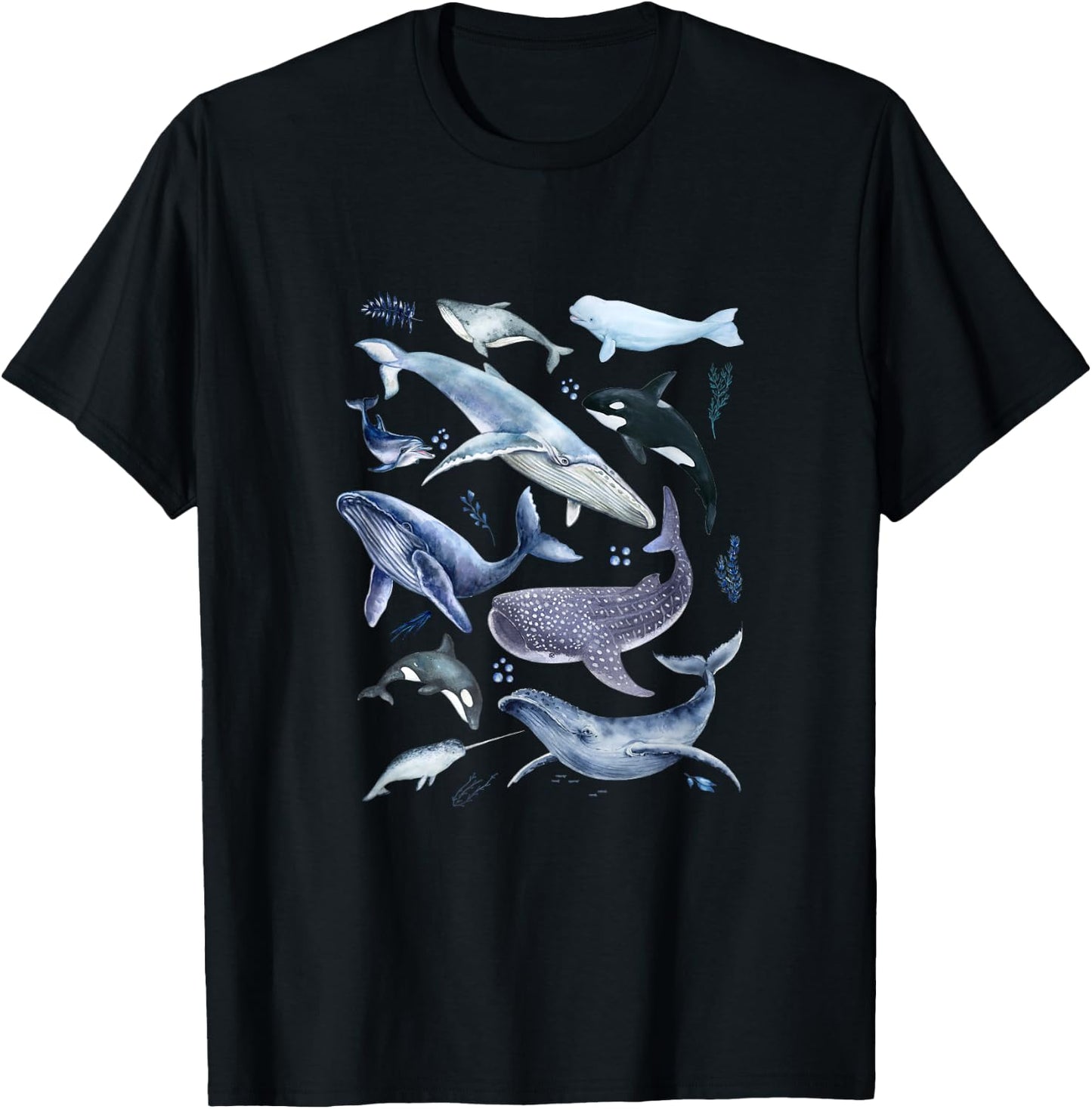 Watercolor Whale Aesthetic Blue Ocean Whales Dolphin Lover T-Shirt - T-Shirt | Black
