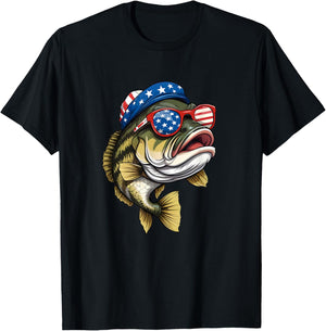 Bass Fish 4th Of July American US Flag Patriotic Fishing T-Shirt - T-Shirt | Black
