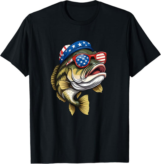 Bass Fish 4th Of July American US Flag Patriotic Fishing T-Shirt - T-Shirt | Black