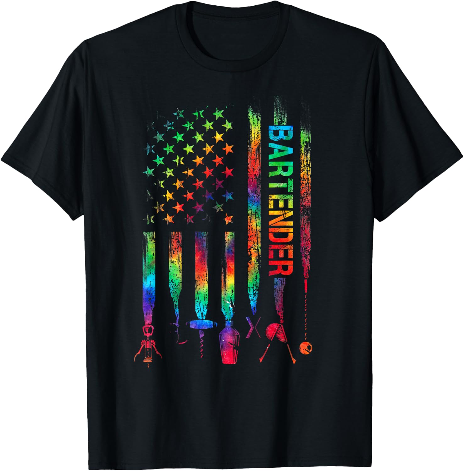 Bartender With American Flag Tie Dye Bartending Father's day T-Shirt - T-Shirt | Black