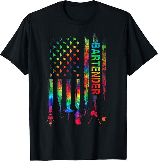 Bartender With American Flag Tie Dye Bartending Father's day T-Shirt - T-Shirt | Black