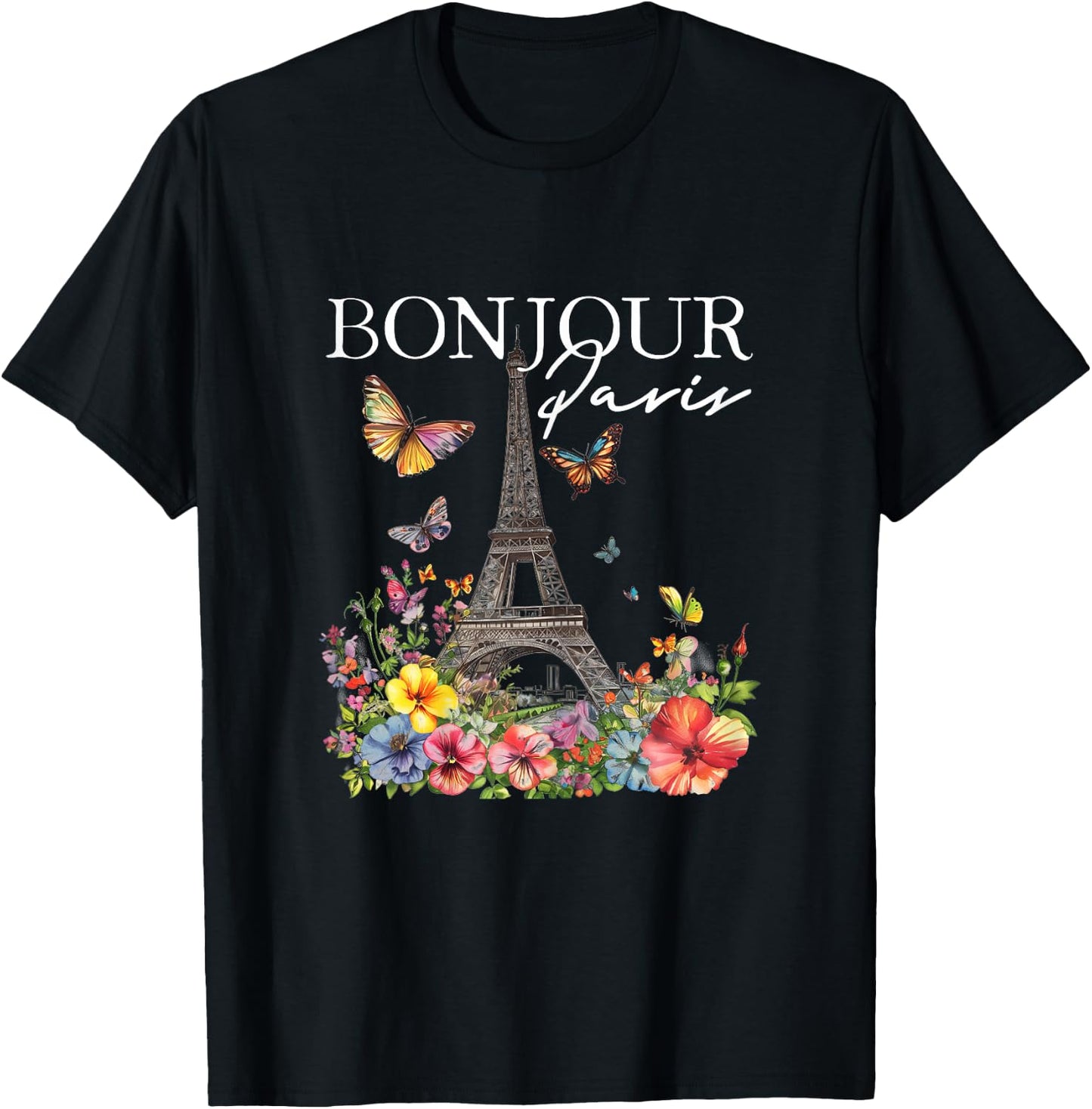 Bonjour Paris Floral Eiffel Tower France French Souvenirs T-Shirt - T-Shirt | Black