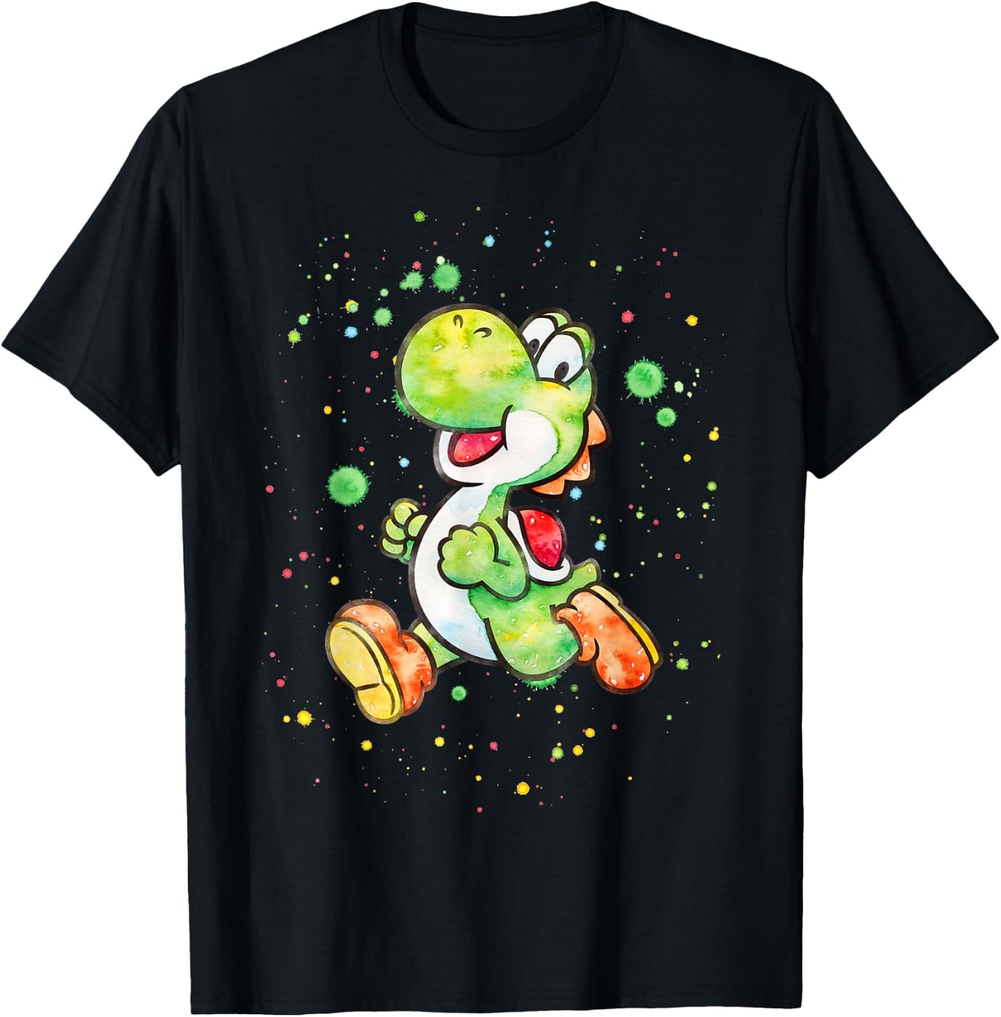 Super Mario Yoshi Watercolor Splatter Portrait T-Shirt - T-Shirt | Black