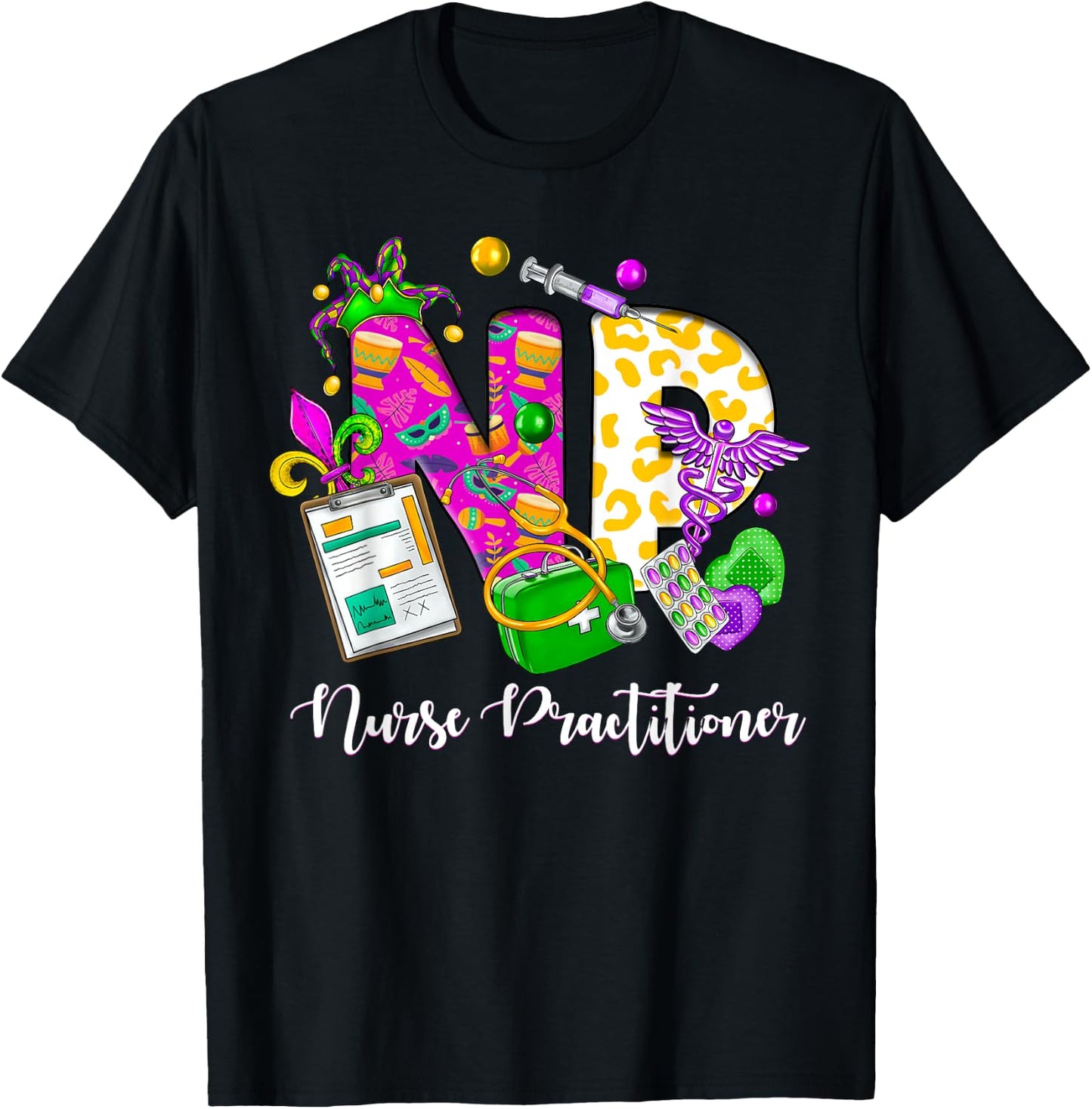 NP Nurse Practitioner Cute Mardi Gras Girl Women T-Shirt - T-Shirt | Black