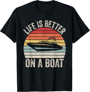 Vintage Life Is Better On A Boat Captain Boating Pontoon T-Shirt - T-Shirt | Black
