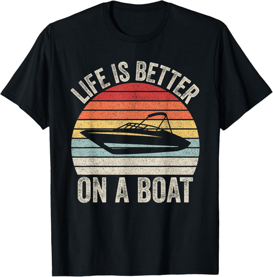 Vintage Life Is Better On A Boat Captain Boating Pontoon T-Shirt - T-Shirt | Black