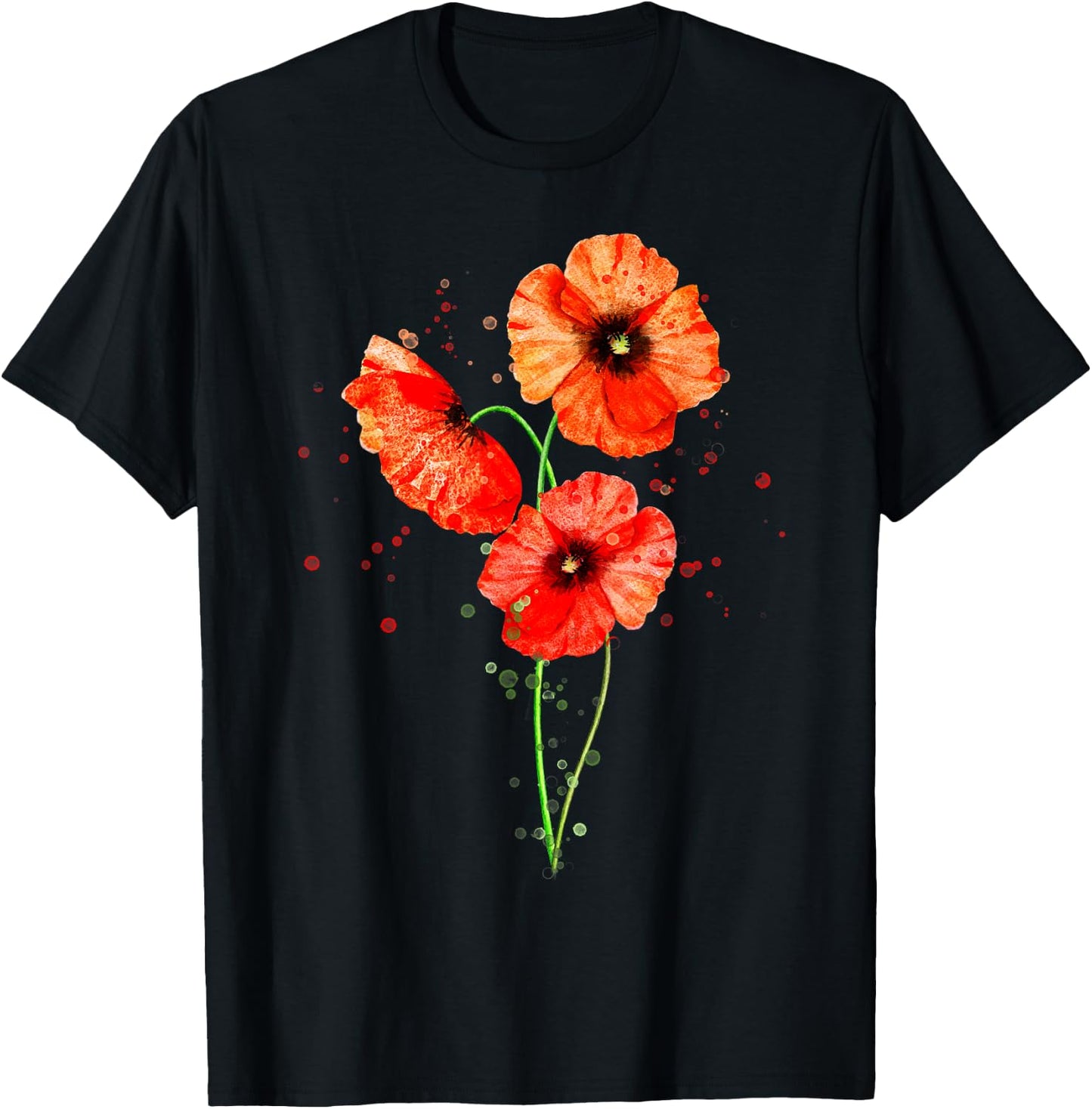 Red Poppies Watercolor Painting Botanical Flower Art T-Shirt - T-Shirt | Black