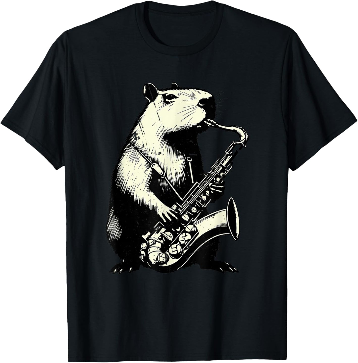 Wind Instrument Saxophonist Capybara Playing Saxophone T-Shirt - T-Shirt | Black