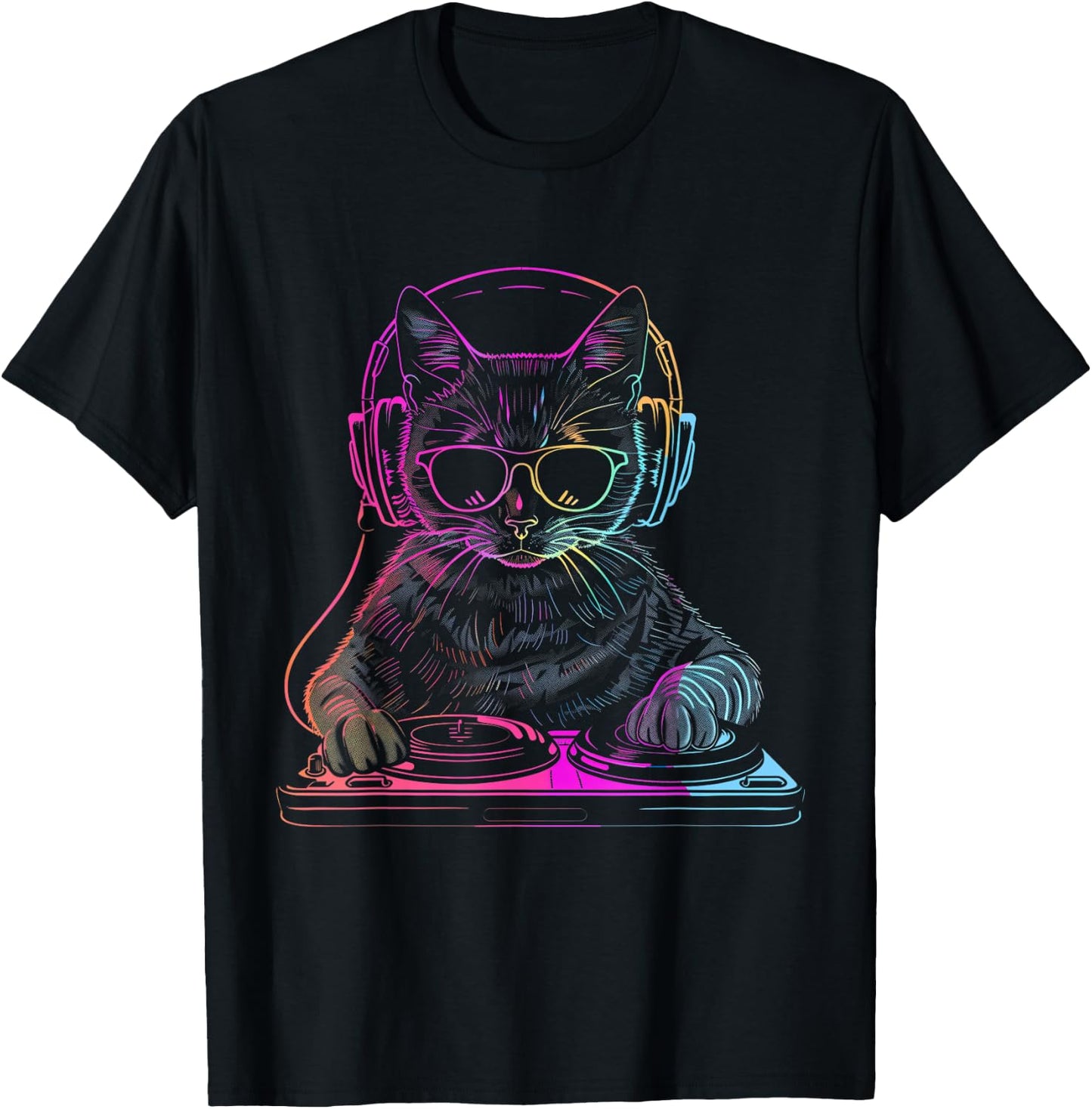 DJ Cat EDM Techno House Music Funny Cat Lover T-Shirt - T-Shirt | Black