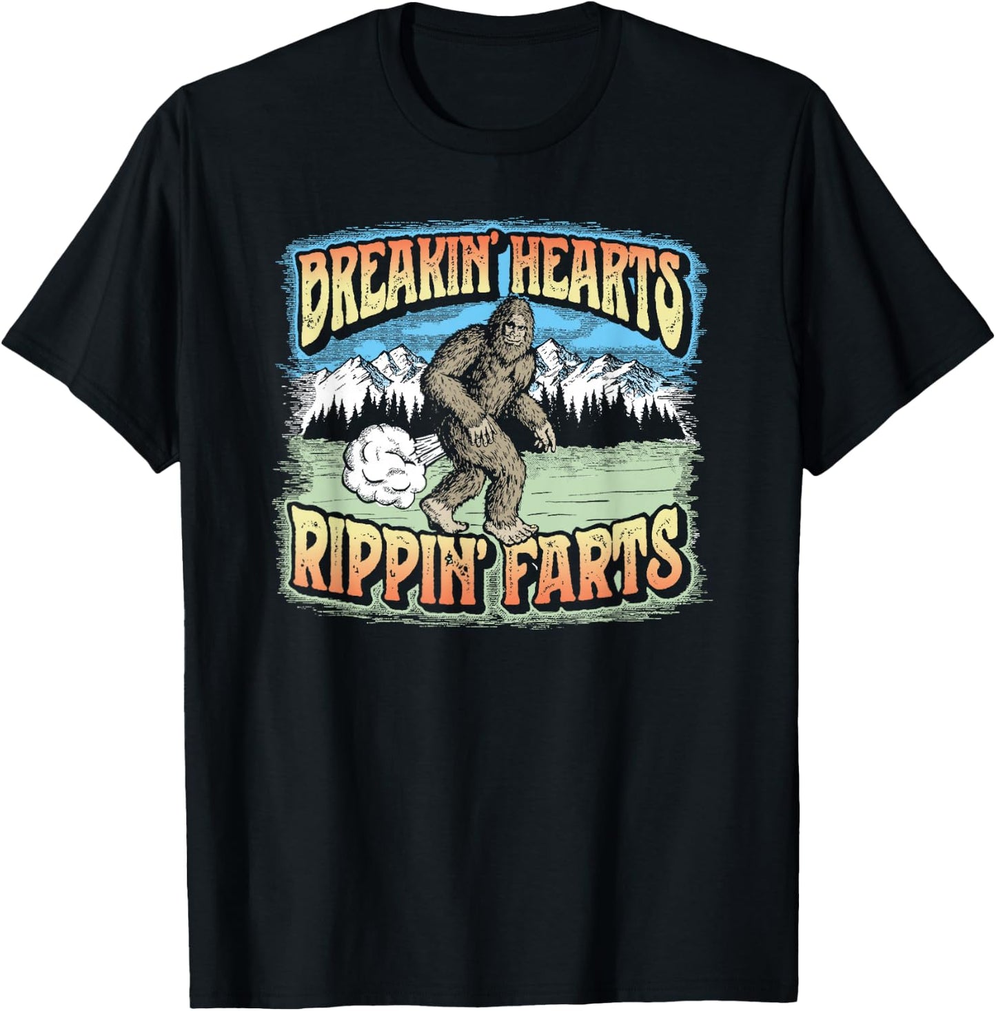Breakin' Hearts, Rippin' Farts Funny Sasquatch Bigfoot 80s T-Shirt - T-Shirt | Black