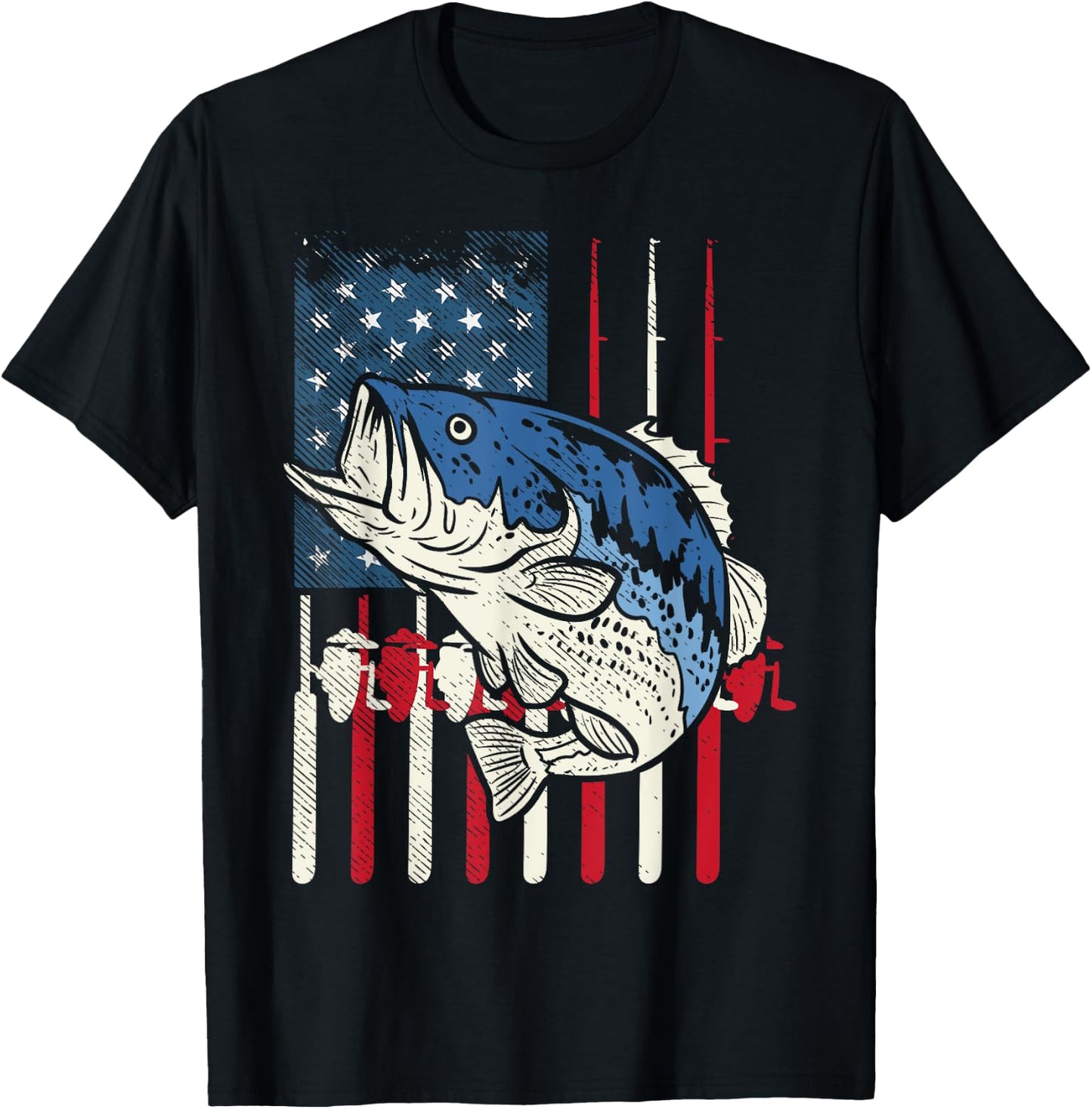 Bass Fish US American Flag Patriotic Fishing Fisherman Gift T-Shirt - T-Shirt | Black