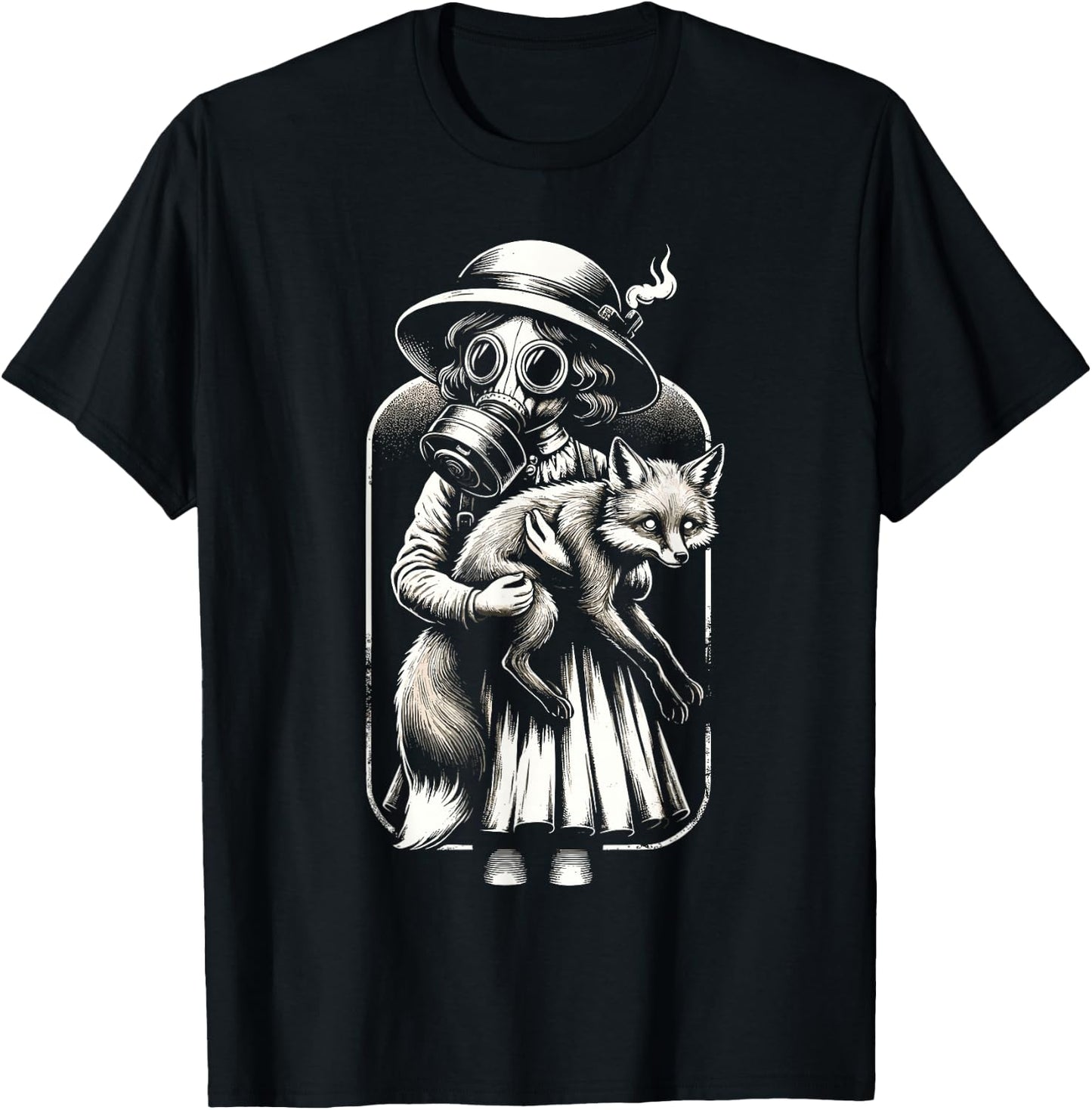 Creepy vintage girl wearing a gas mask and holding a fox T-Shirt - T-Shirt | Black