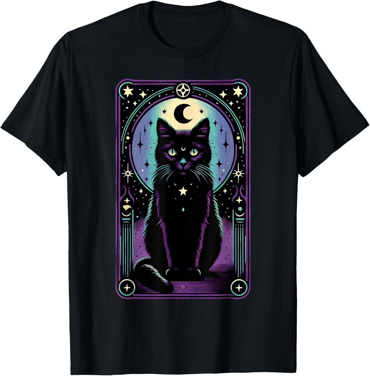 Tarot Card Crescent Moon Black Cat Lover Tarot Cat Vintage T-Shirt - T-Shirt | Black