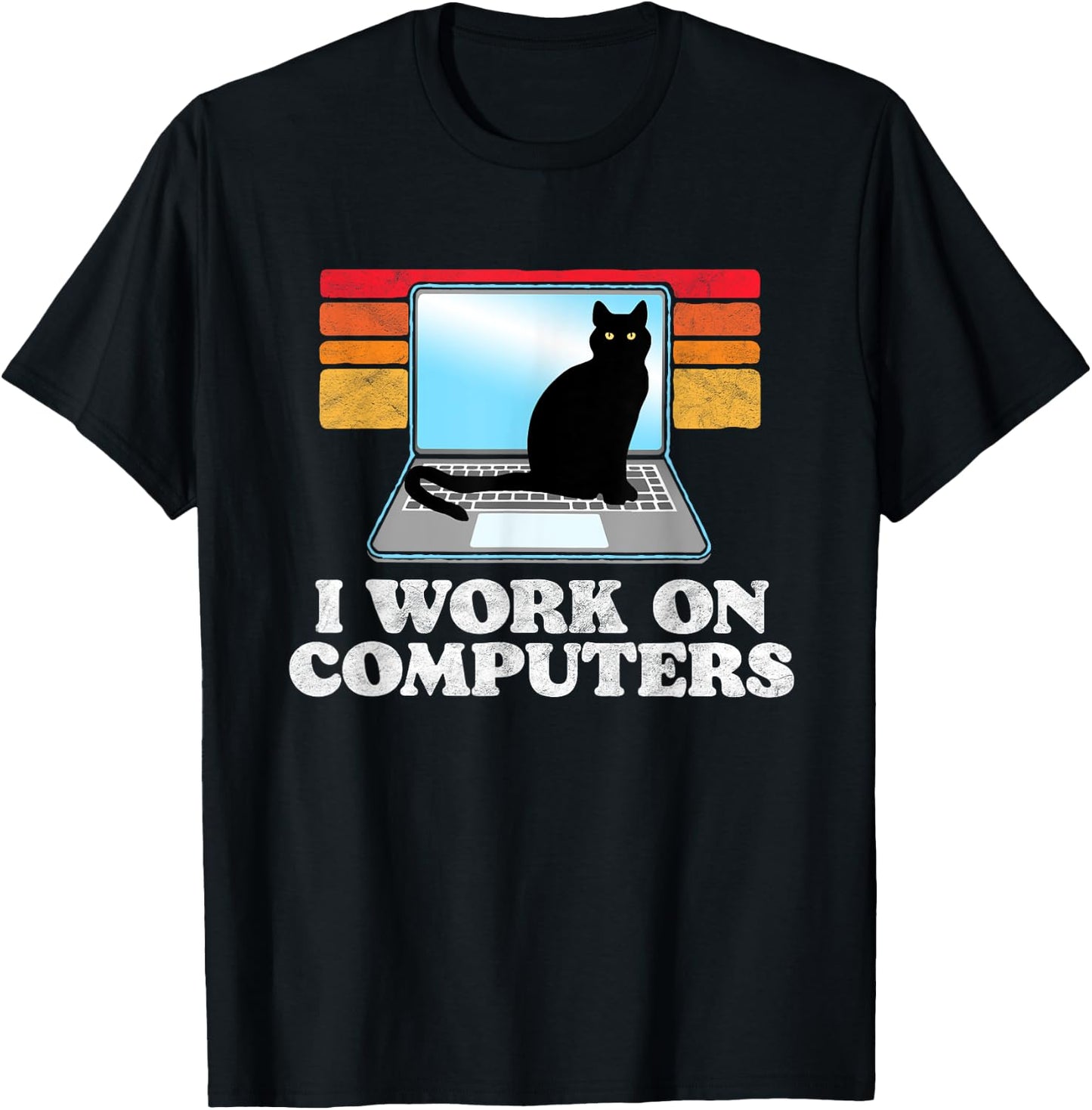 I Work On Computers Distracting Cat on Laptop Funny Retro T-Shirt - T-Shirt | Black