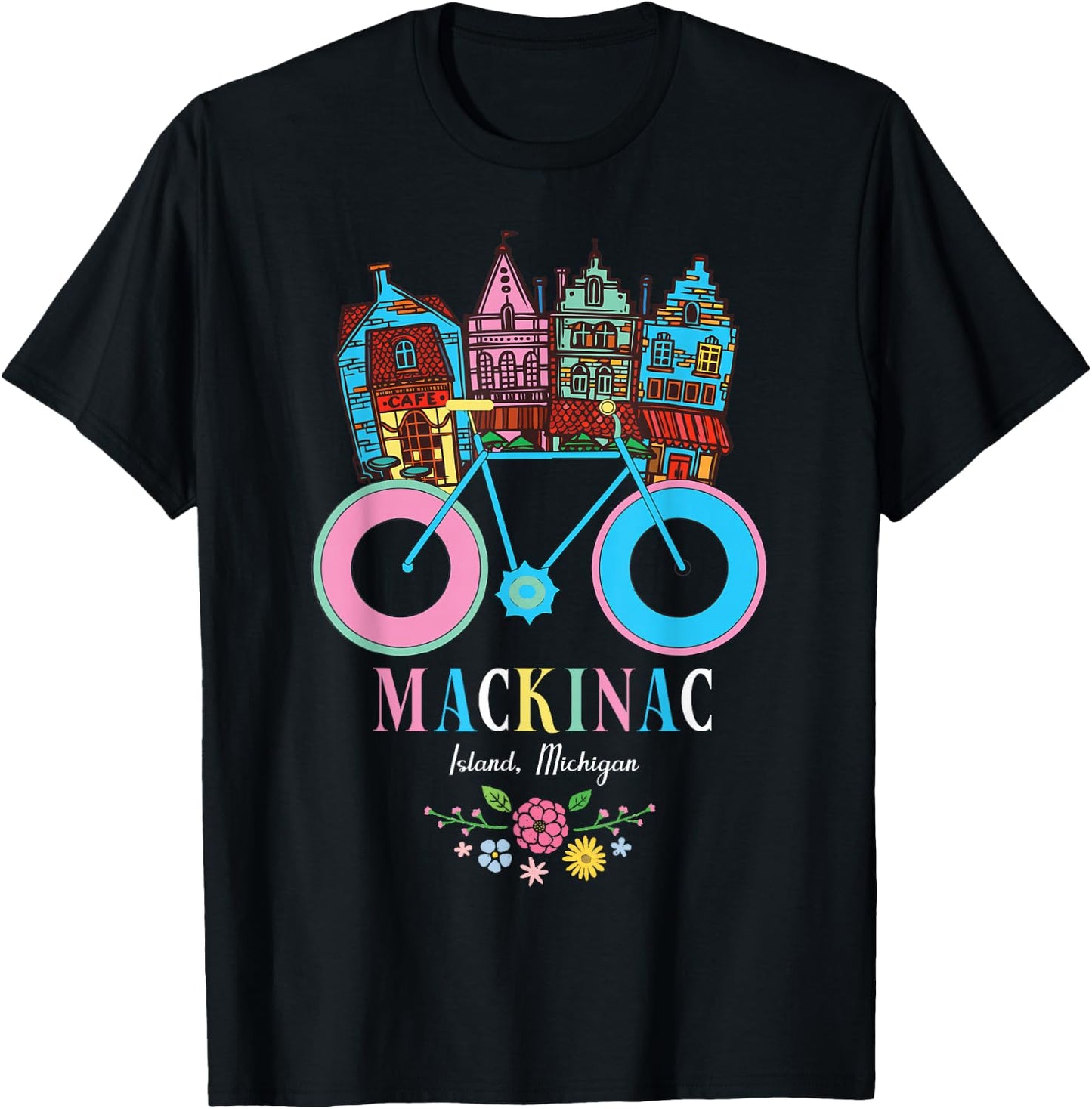 Mackinac Island Michigan Retro Bike Art T-Shirt - T-Shirt | Black