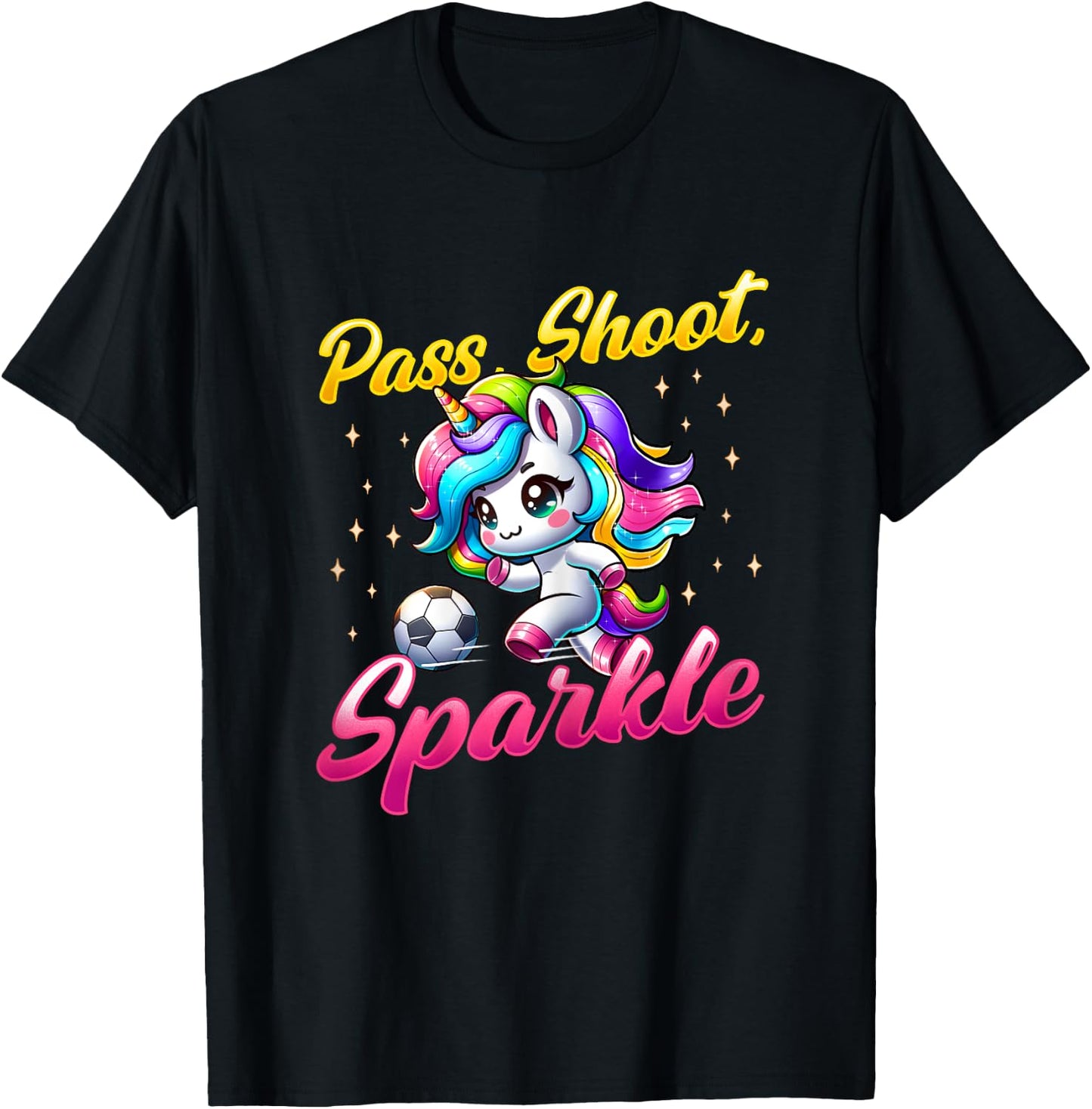 Pass Shoot Sparkle Soccer Player Unicorn Women Girls T-Shirt - T-Shirt | Black