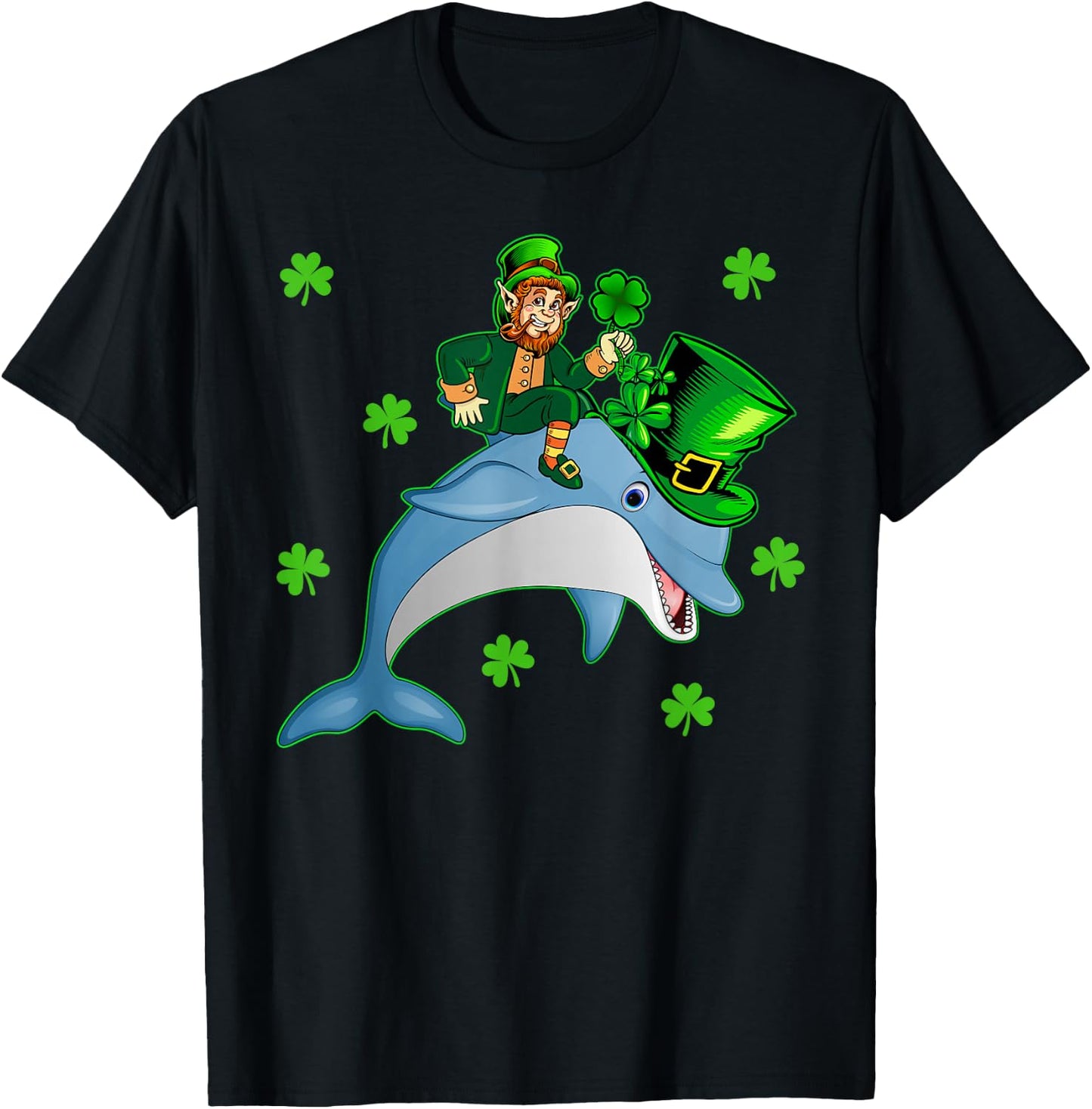Lucky Dolphin Leprechaun Riding Dolphin St. Patrick's Day T-Shirt - T-Shirt | Black