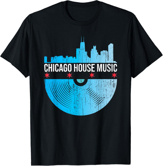 Chicago House Music - Skyline Vinyl Record DJ Rave T-Shirt - T-Shirt | Black