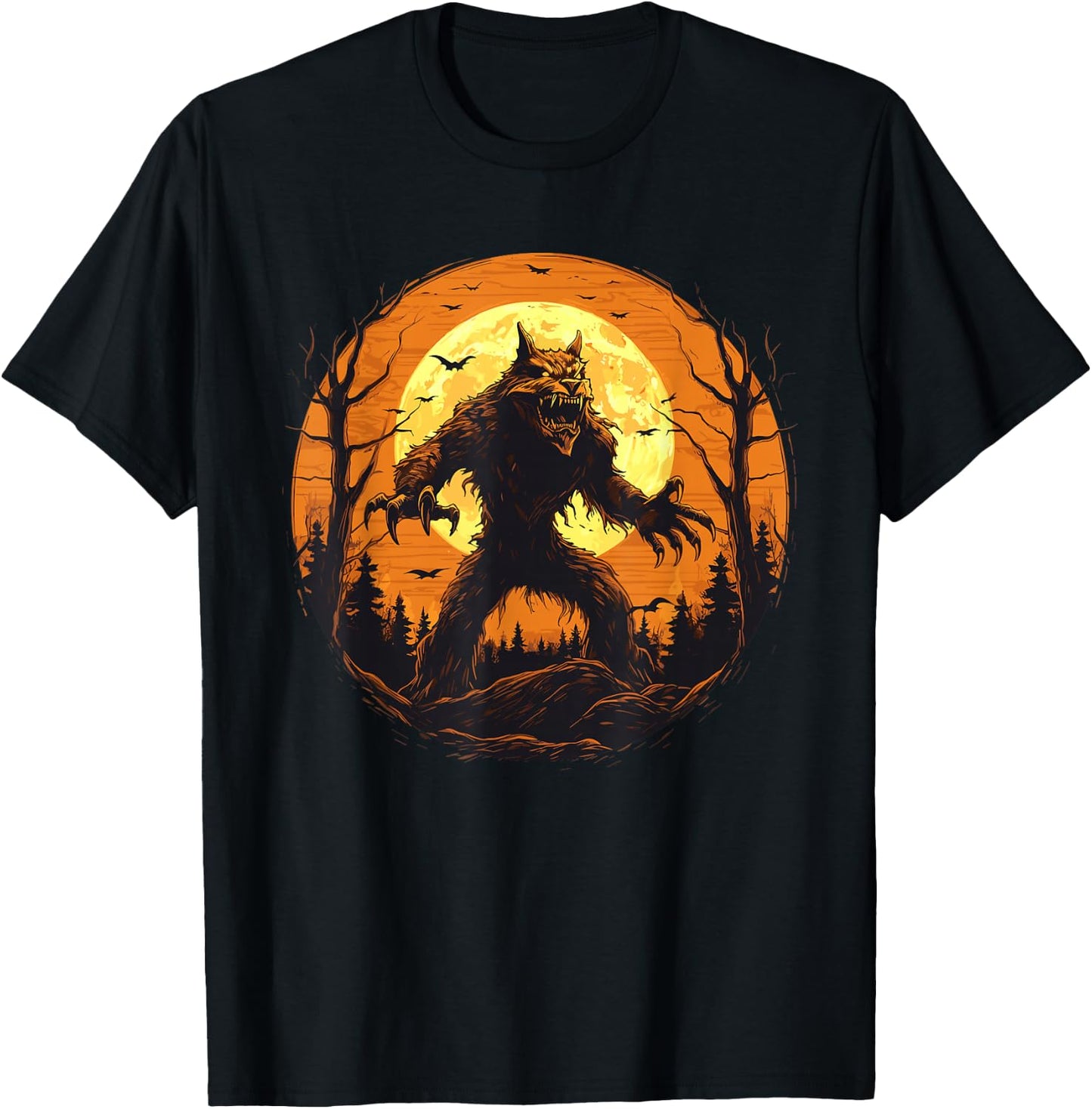 Halloween Werewolf Howling Full Moon Bats Spooky Graphic T-Shirt - T-Shirt | Black