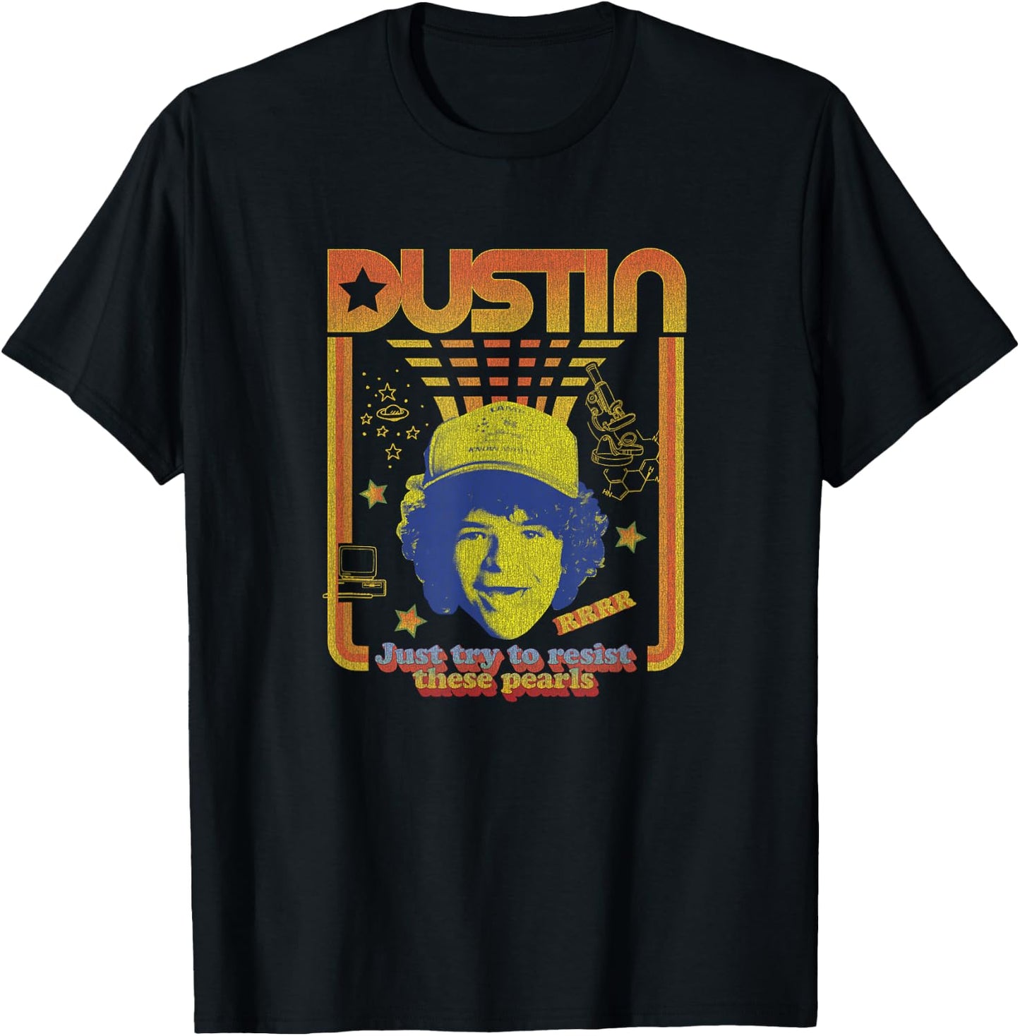 Stranger Things Dustin Floating Head Resist The Pearls Star T-Shirt - T-Shirt | Black