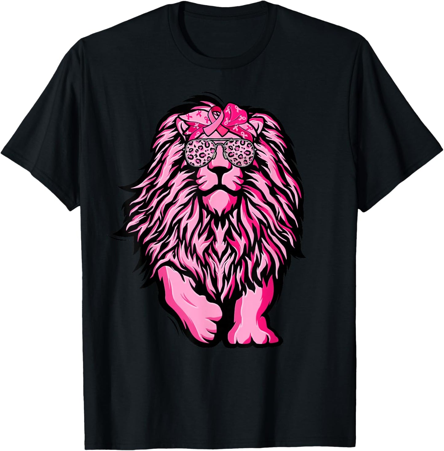 Lion Pink Bandana Ribbon Breast Cancer Awareness Warrior T-Shirt - T-Shirt | Black