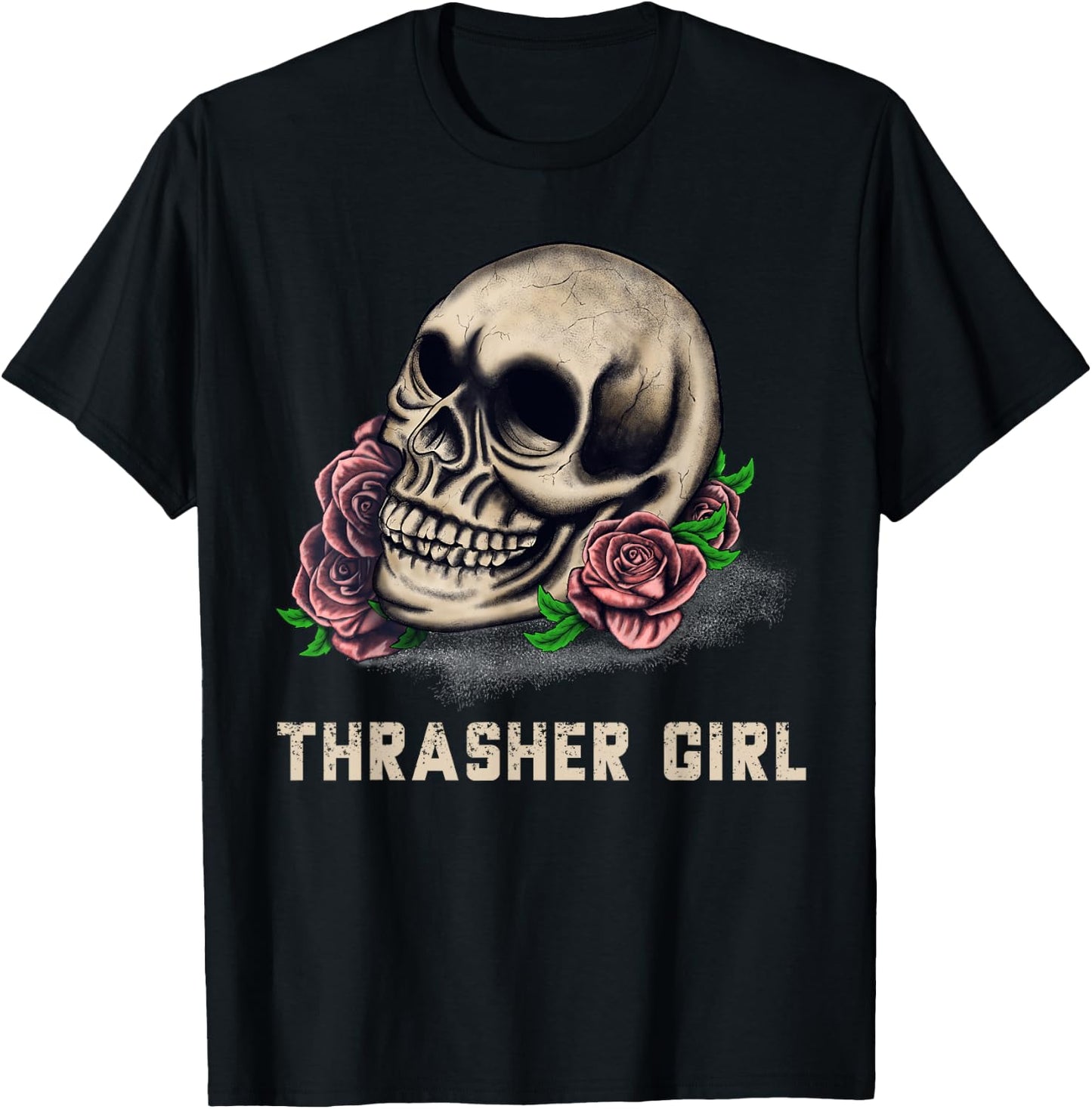 Thrasher Girl Thrasher Head Skull and Roses Graphic T-Shirt - T-Shirt | Black